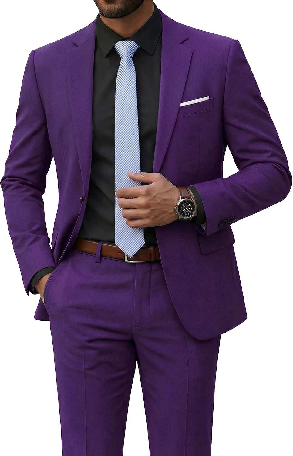Men's Two-Piece Slim Fit Suit - Stretch One-Button Jacket, Trousers and Tie Set in Solid Colours - Small