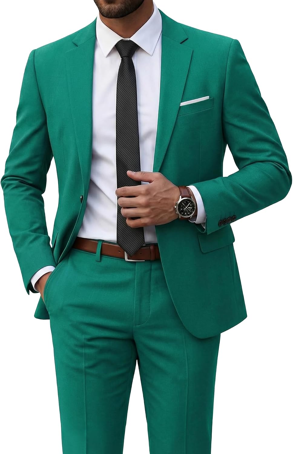 Men's Two-Piece Slim Fit Suit - Stretch One-Button Jacket, Trousers and Tie Set in Solid Colours - Small (15)