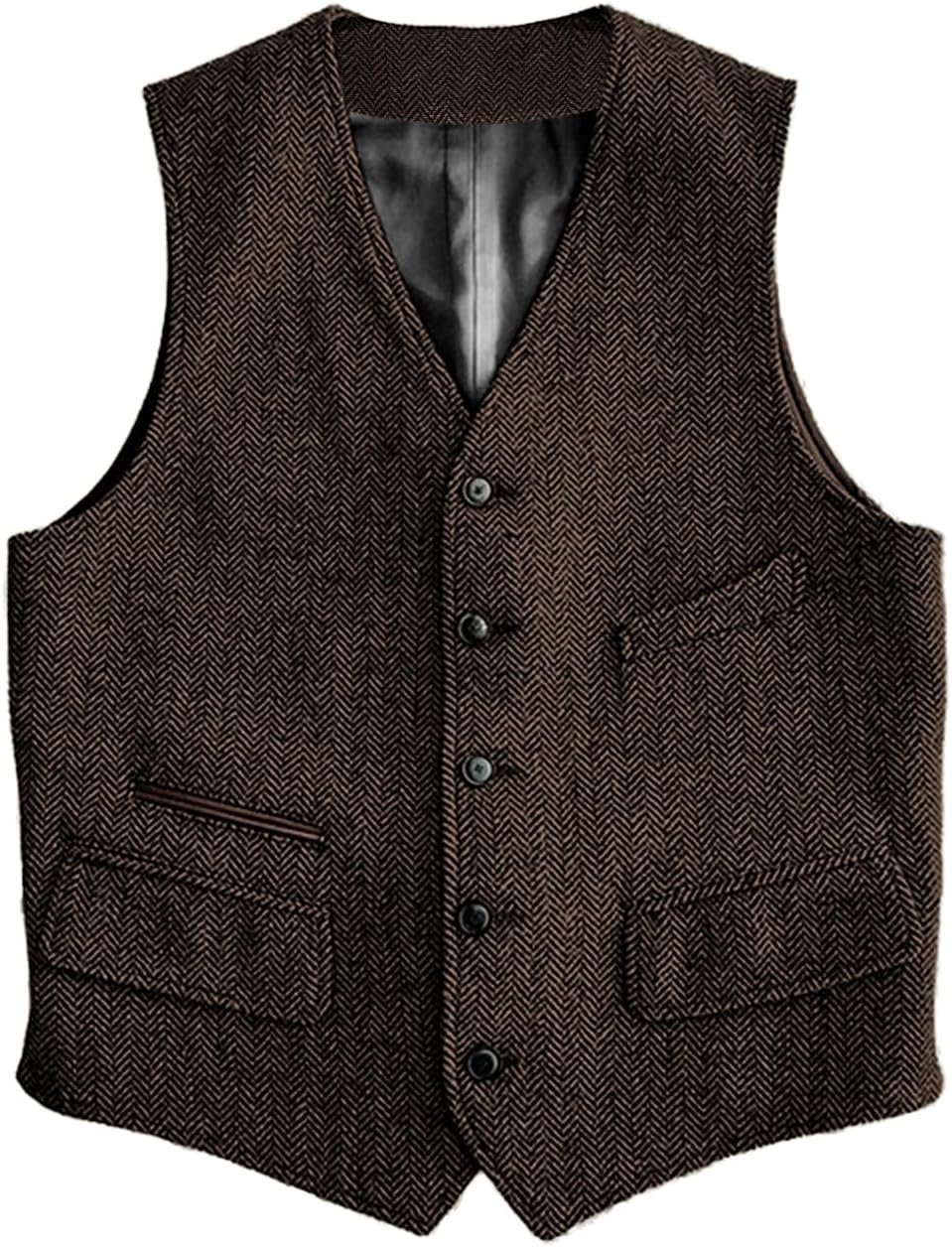 Men's Herringbone Suit Vest - Vintage V-Neck Wool-Blend Waistcoat for Casual and Formal Wear - Small