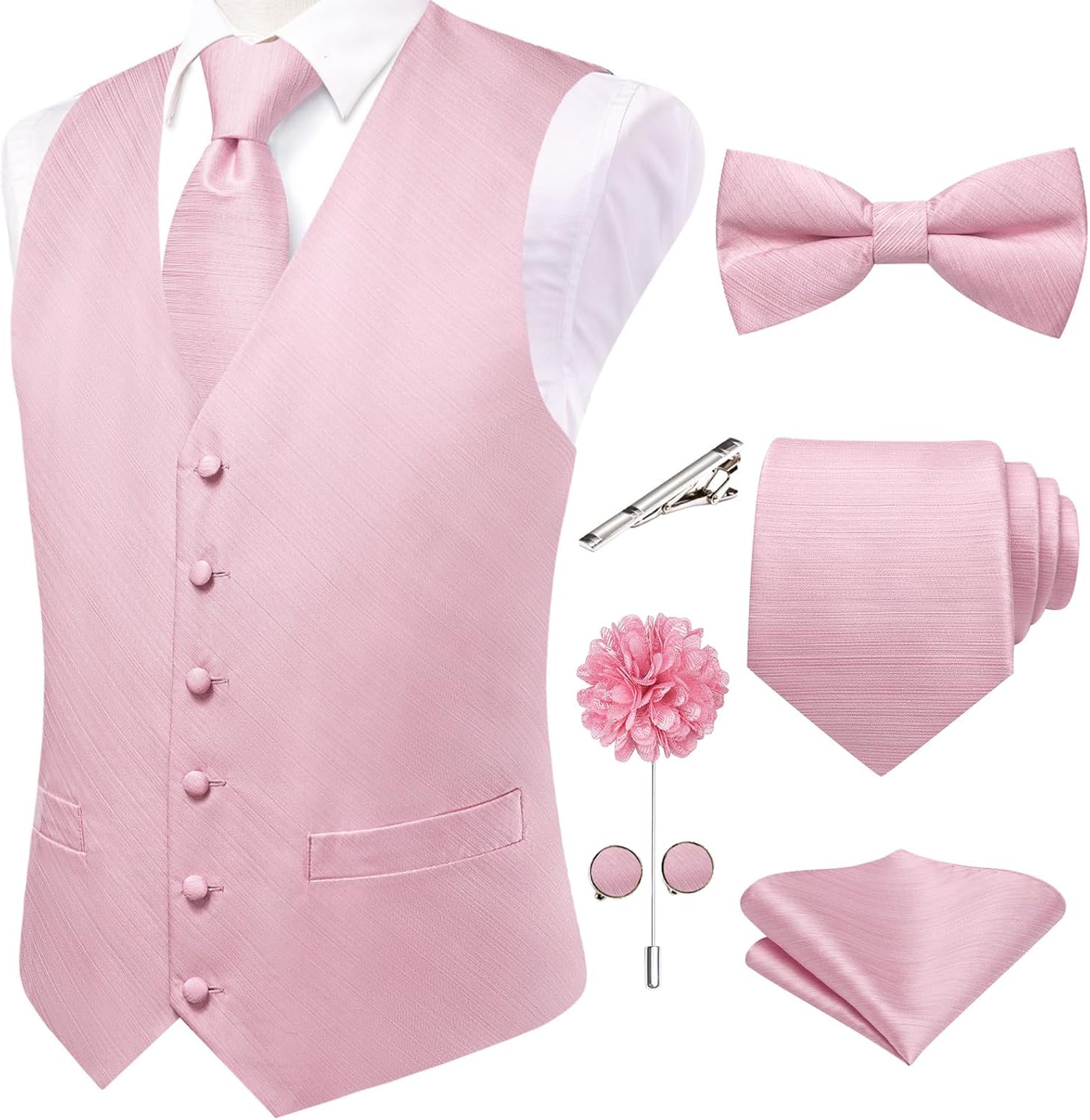 Men's Silk Jacquard Suit Vest Set - Five-Piece Slim Fit Waistcoat, Tie and Bow Tie for Weddings - Small