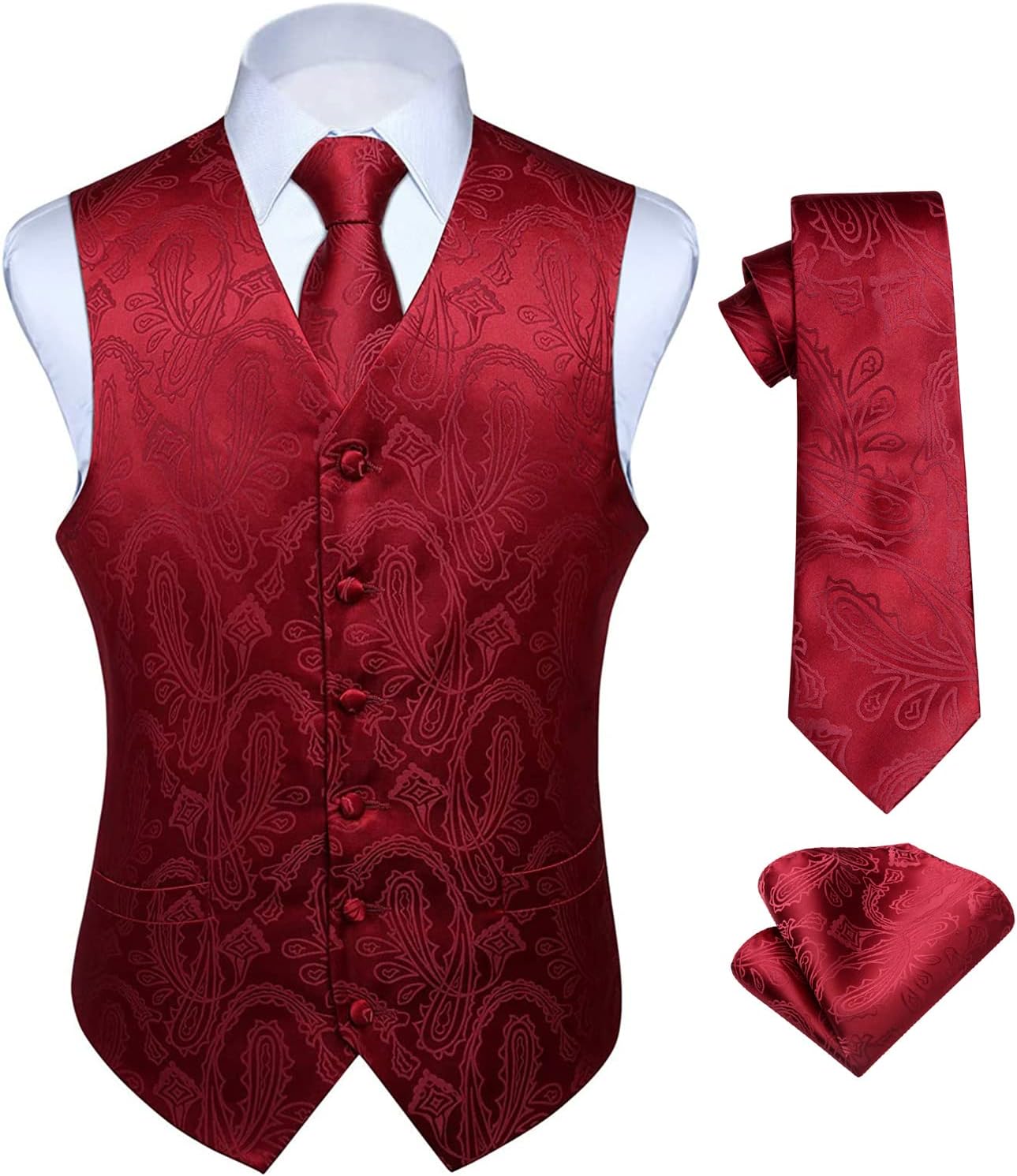 Men's Three-Piece Vest and Tie Set - Paisley Jacquard Waistcoat with Necktie and Pocket Square - Medium