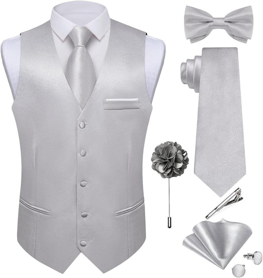 Men's Satin Suit Vest and Tie Set - Eight-Piece Solid Waistcoat, Bow Tie and Lapel Pin for Weddings - Large (24)