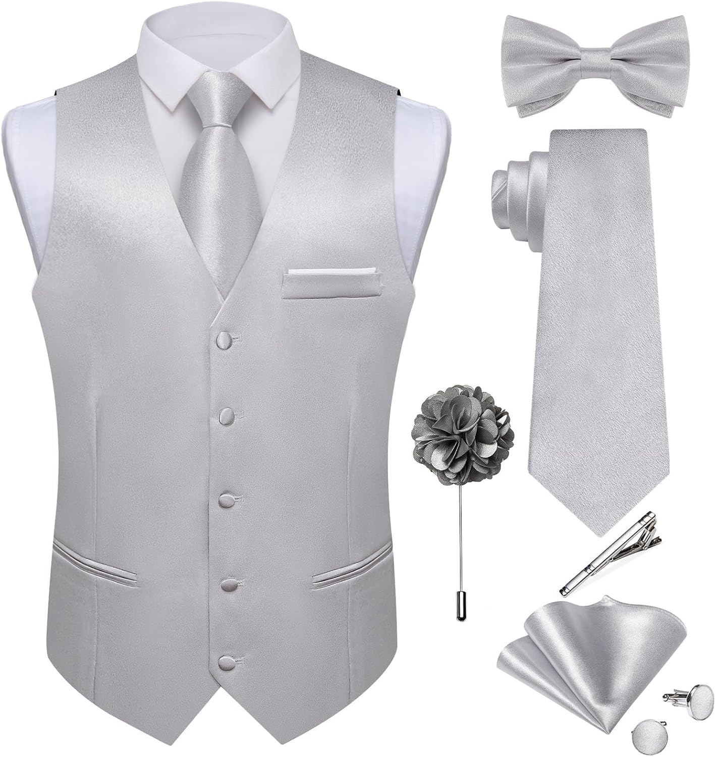 Men's Satin Suit Vest and Tie Set - Eight-Piece Solid Waistcoat, Bow Tie and Lapel Pin for Weddings - Large (24)