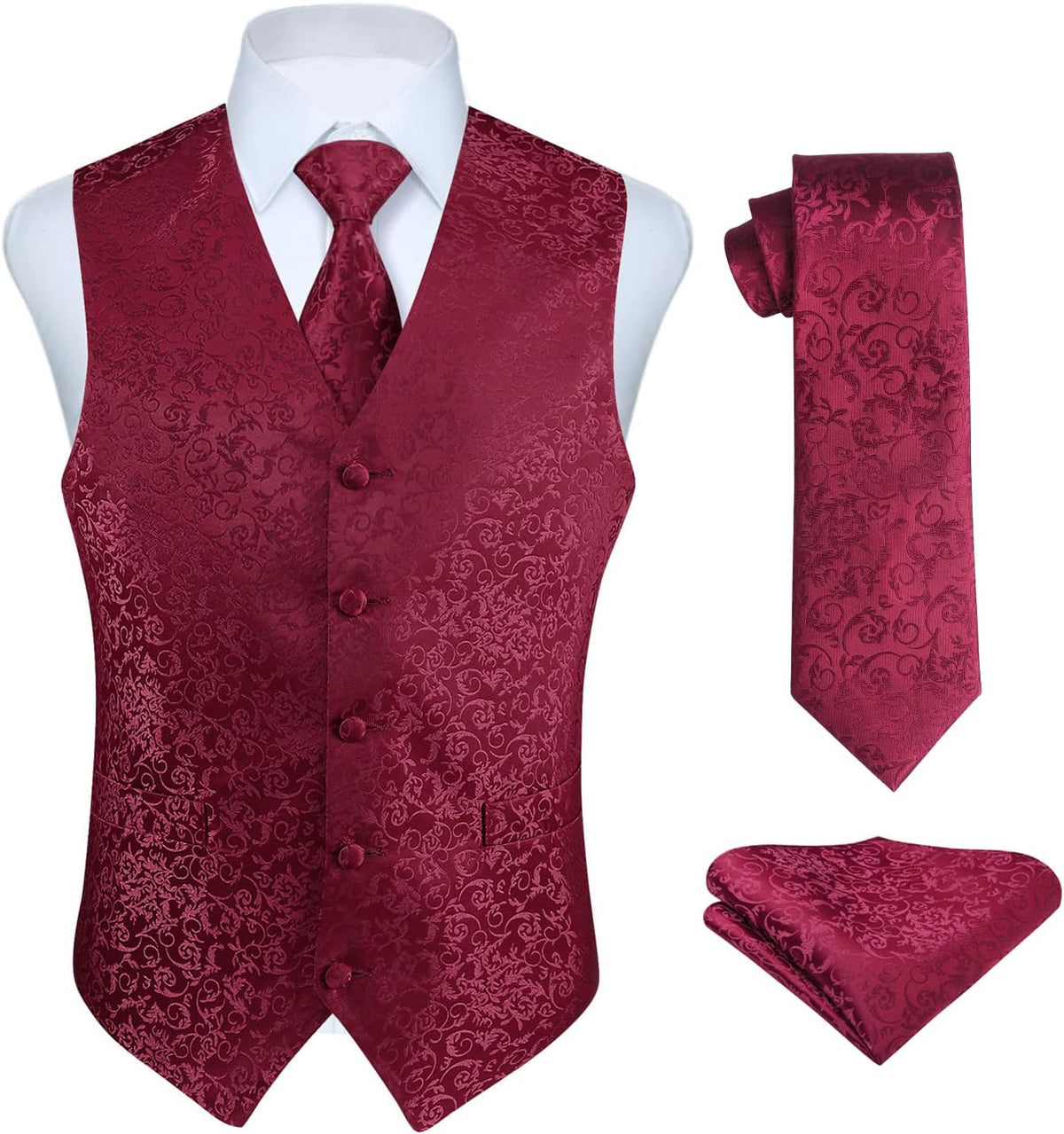 Men's Three-Piece Vest and Tie Set - Paisley Jacquard Waistcoat with Necktie and Pocket Square - Medium
