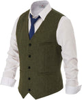 Men's Tweed Suit Vest - Vintage Herringbone Wool-Blend Waistcoat with V Neck and Five Buttons - Small