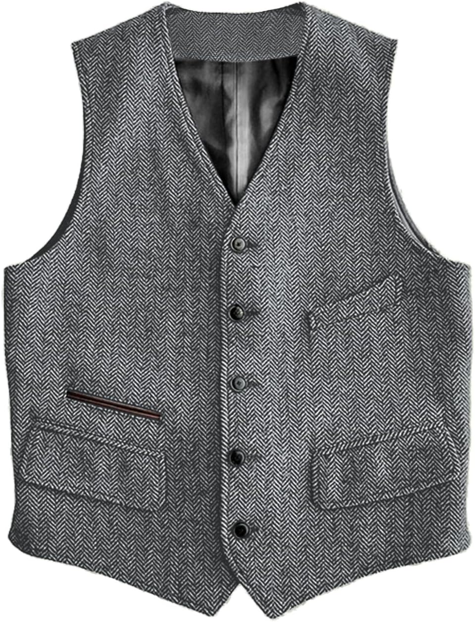 Men's Herringbone Suit Vest - Vintage V-Neck Wool-Blend Waistcoat for Casual and Formal Wear - Small (13)