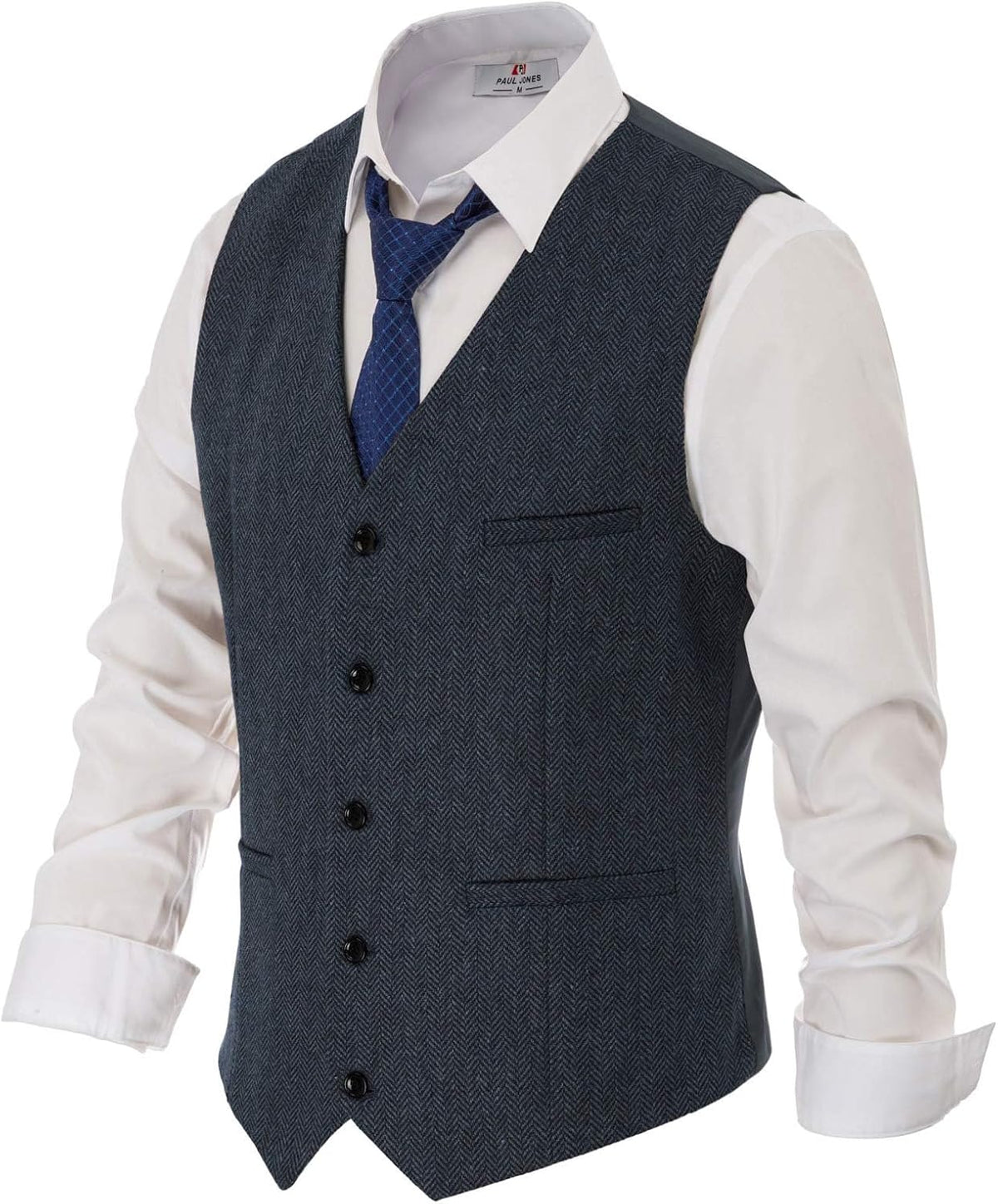 Men's Tweed Suit Vest - Vintage Herringbone Wool-Blend Waistcoat with V Neck and Five Buttons - Small