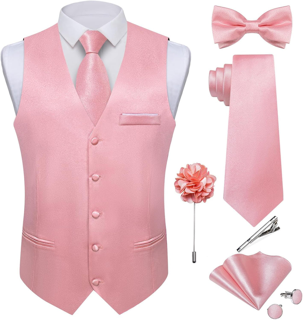 Men's Satin Suit Vest and Tie Set - Eight-Piece Solid Waistcoat, Bow Tie and Lapel Pin for Weddings - Large