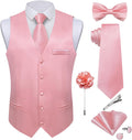 Men's Satin Suit Vest and Tie Set - Eight-Piece Solid Waistcoat, Bow Tie and Lapel Pin for Weddings - Large