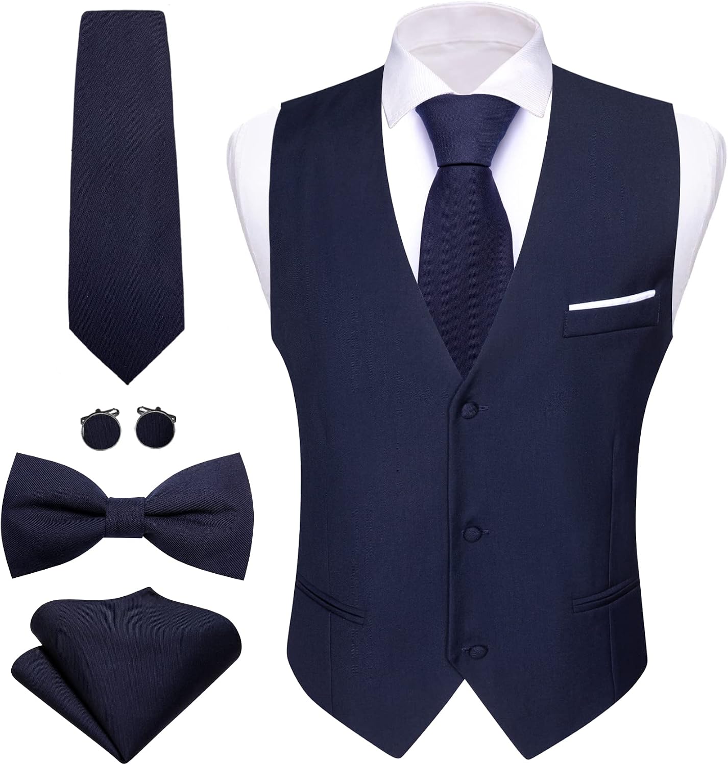 Men's Formal Suit Vest Set - Five-Piece Slim Fit V-Neck Waistcoat with Tie and Bow Tie - Large