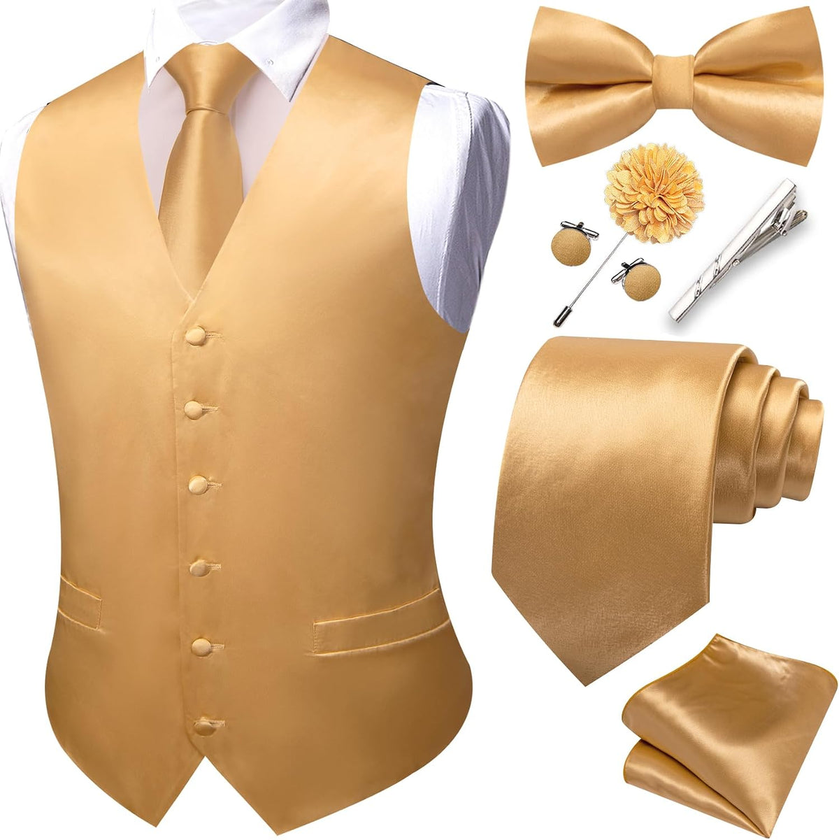 Men's Eight-Piece Suit Vest Set - Jacquard Waistcoat with Tie, Bow Tie, Cufflinks and Lapel Pin - Large (30)