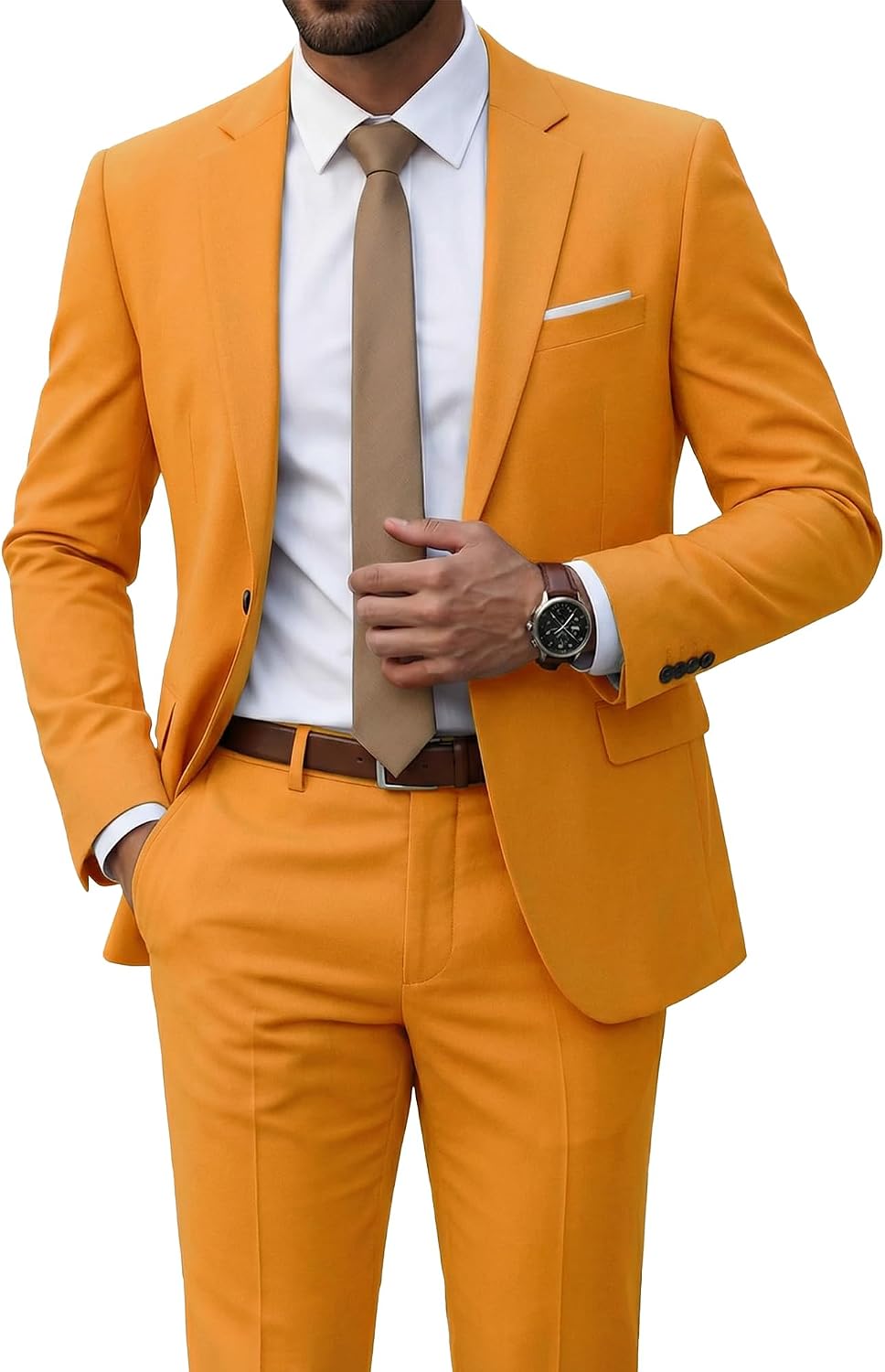 Men's Two-Piece Slim Fit Suit - Stretch One-Button Jacket, Trousers and Tie Set in Solid Colours - Small (9)