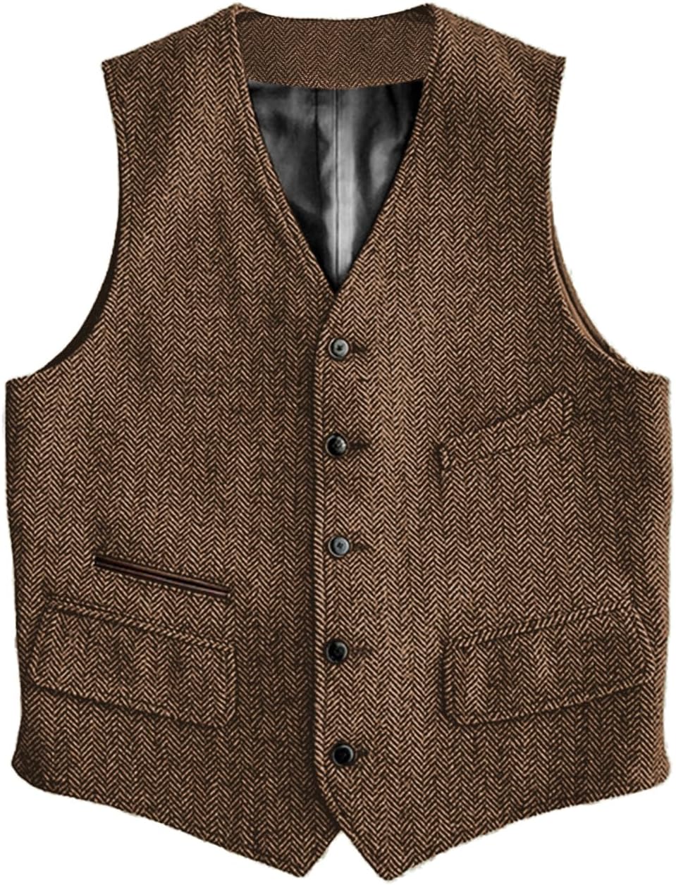 Men's Herringbone Suit Vest - Vintage V-Neck Wool-Blend Waistcoat for Casual and Formal Wear - Small