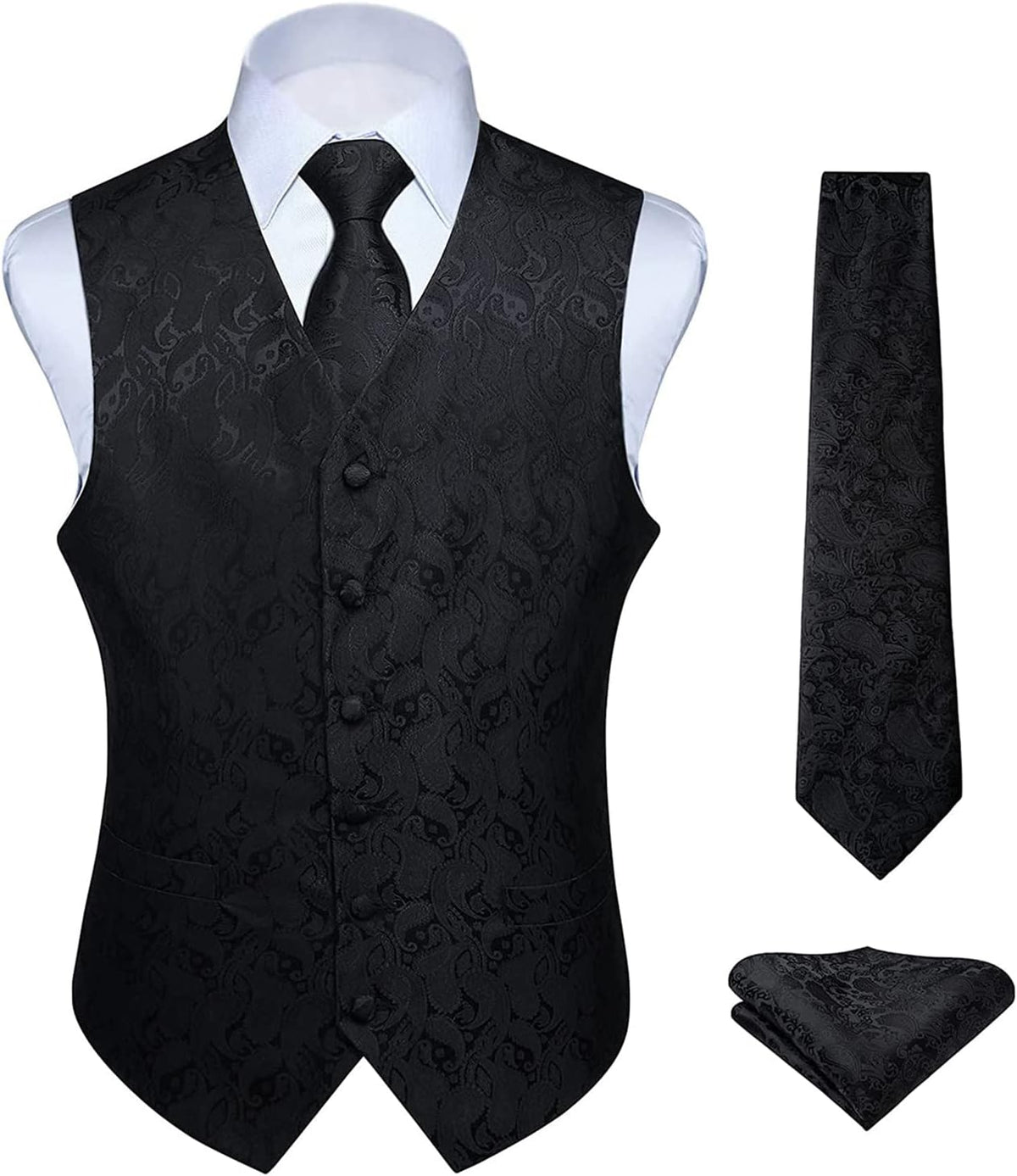 Men's Three-Piece Vest and Tie Set - Paisley Jacquard Waistcoat with Necktie and Pocket Square - Small