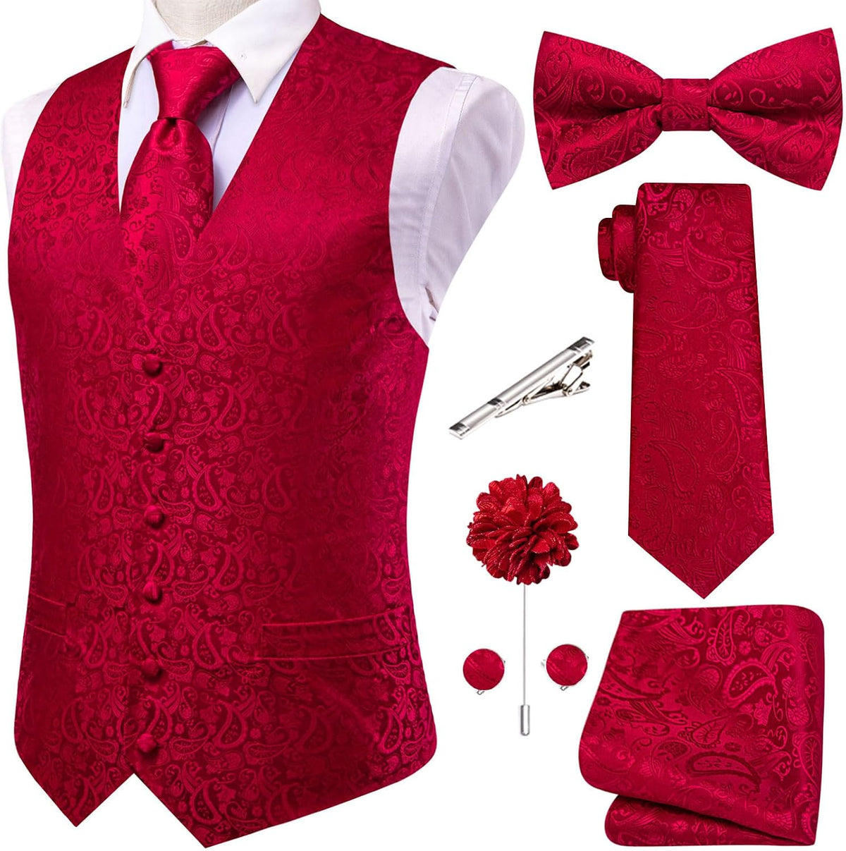 Men's Silk Jacquard Suit Vest Set - Five-Piece Slim Fit Waistcoat, Tie and Bow Tie for Weddings - Small