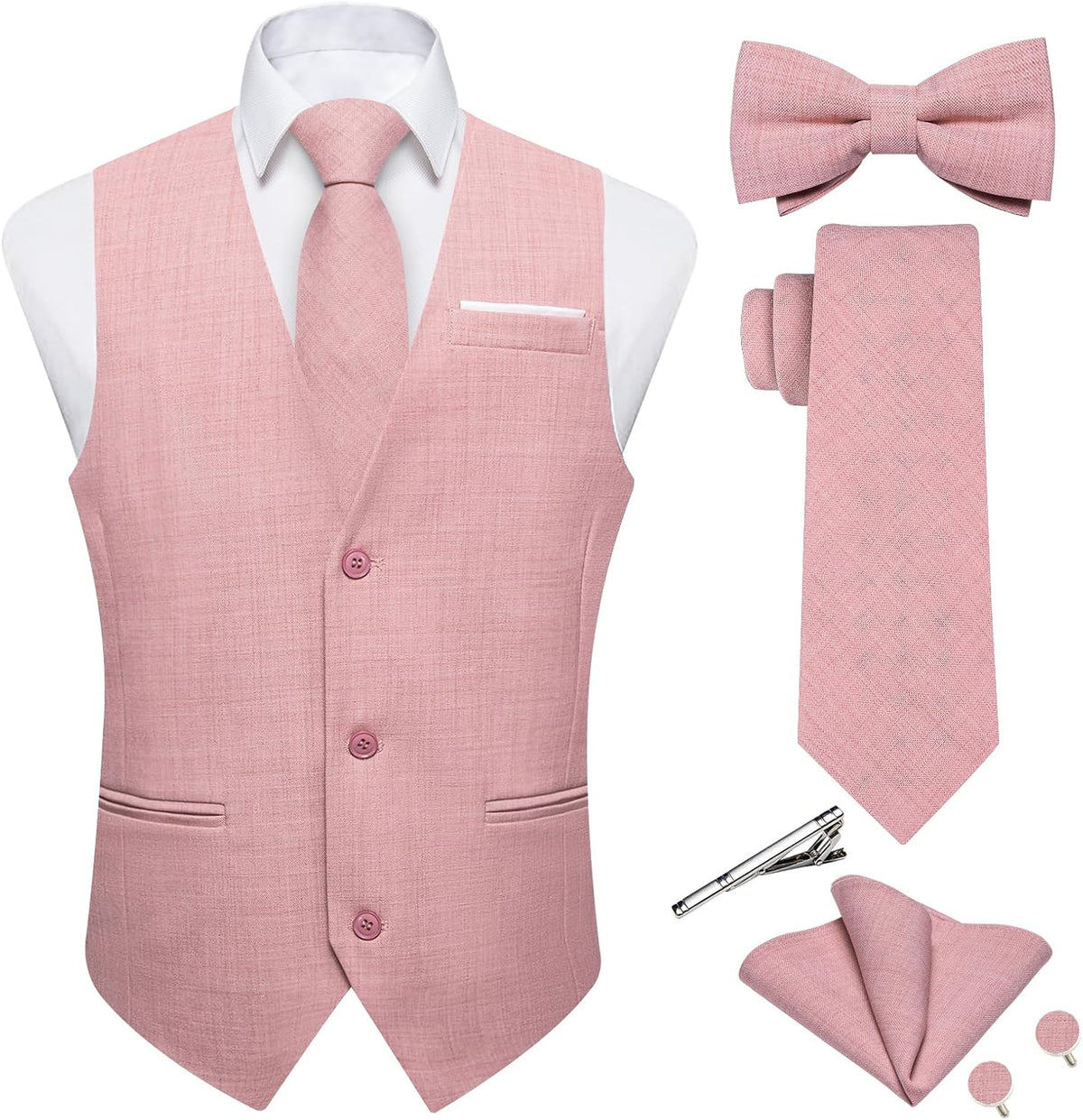 Men's Linen Suit Vest Set - Six-Piece Solid Waistcoat with Tie and Bow Tie for Weddings and Prom - Large