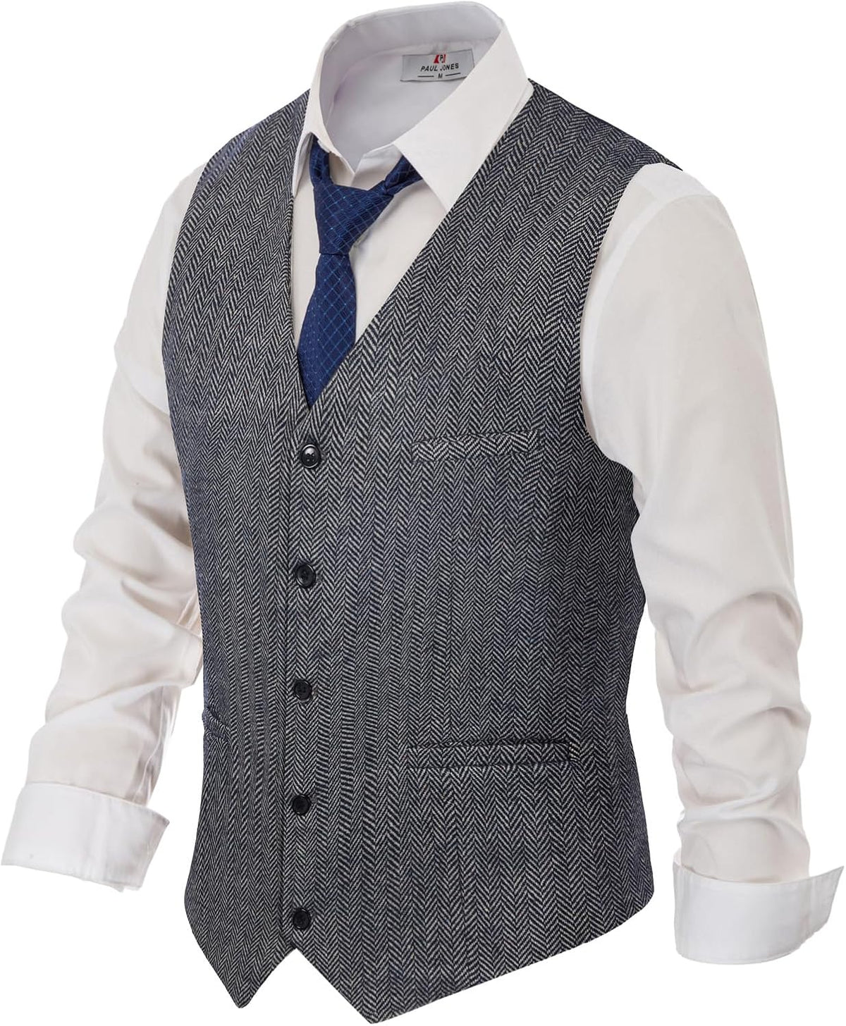 Men's Tweed Suit Vest - Vintage Herringbone Wool-Blend Waistcoat with V Neck and Five Buttons - Medium