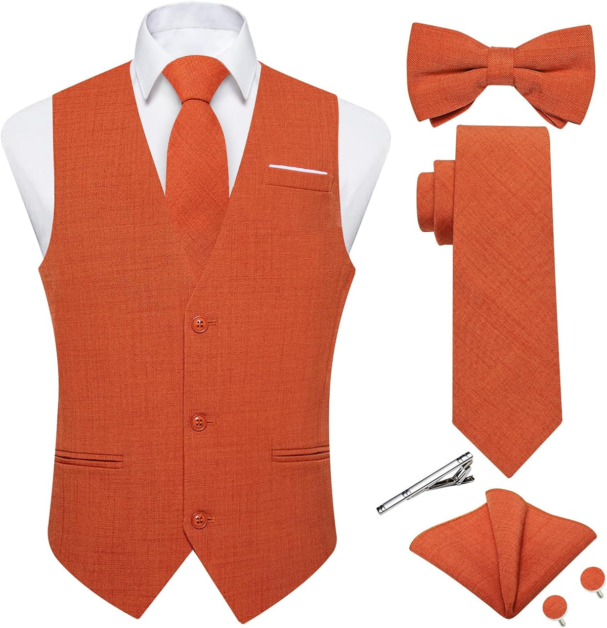 Men's Linen Suit Vest Set - Six-Piece Solid Waistcoat with Tie and Bow Tie for Weddings and Prom - Large