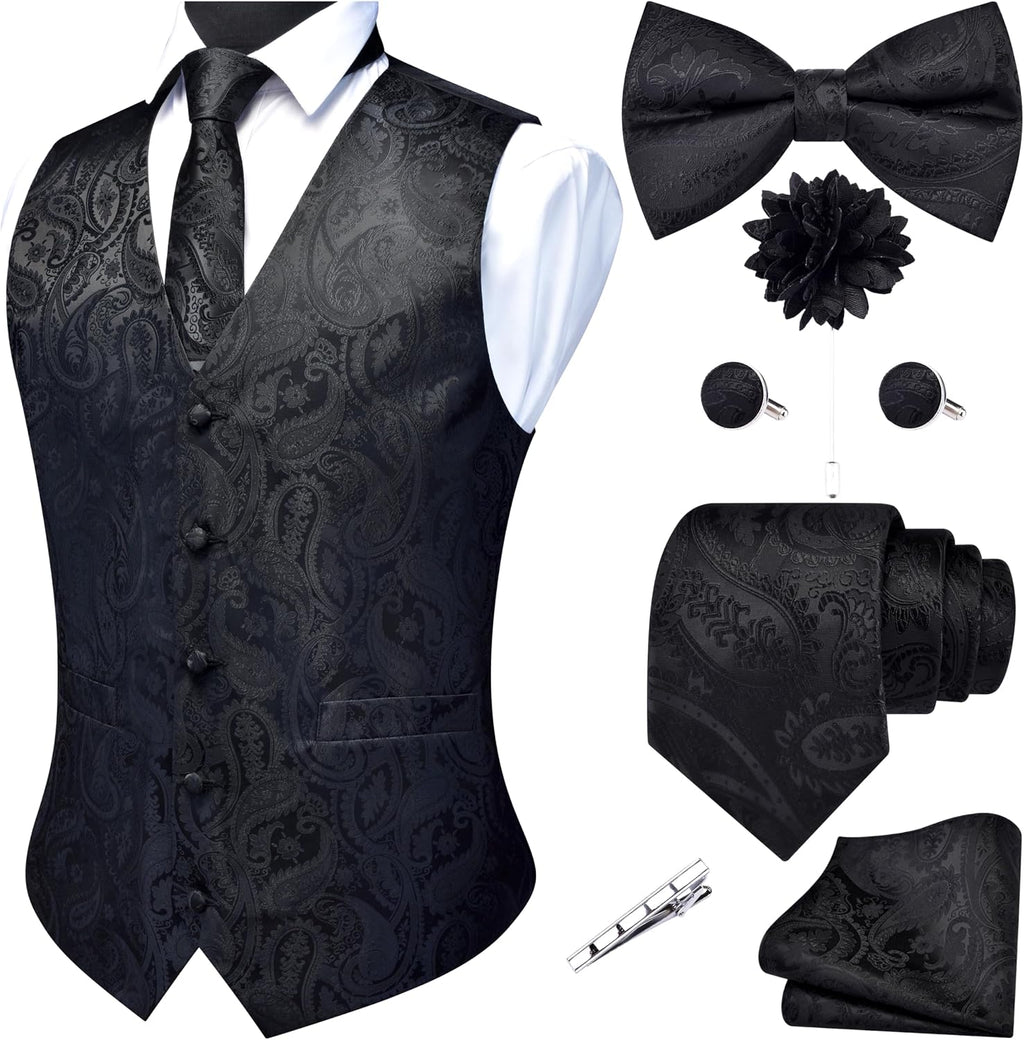 Men's Seven-Piece Suit Vest Set - Paisley Jacquard V-Neck Waistcoat with Tie, Bow Tie and Hanky - Small