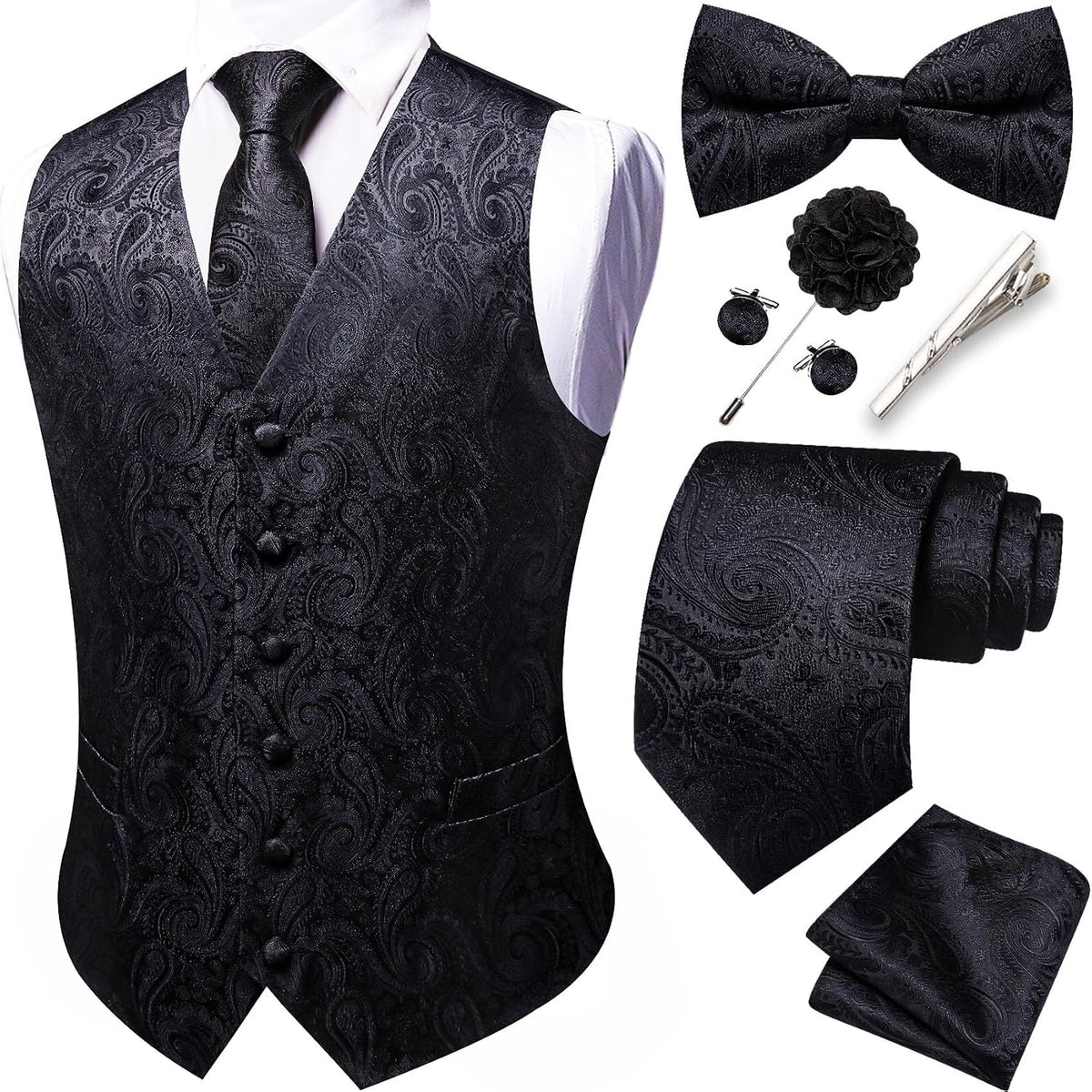 Men's Eight-Piece Suit Vest Set - Jacquard Waistcoat with Tie, Bow Tie, Cufflinks and Lapel Pin - Small