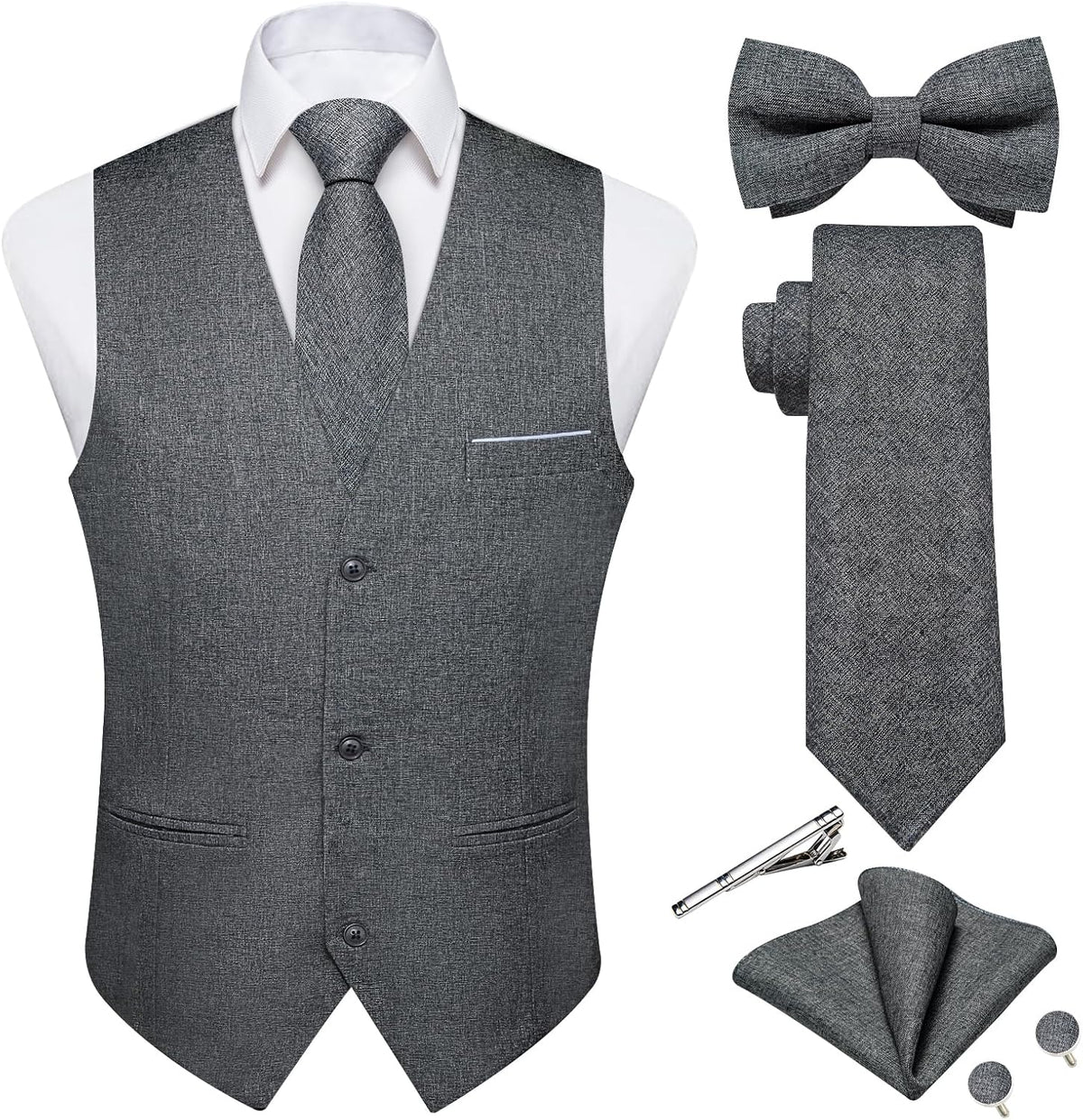 Men's Linen Suit Vest Set - Six-Piece Solid Waistcoat with Tie and Bow Tie for Weddings and Prom - Medium