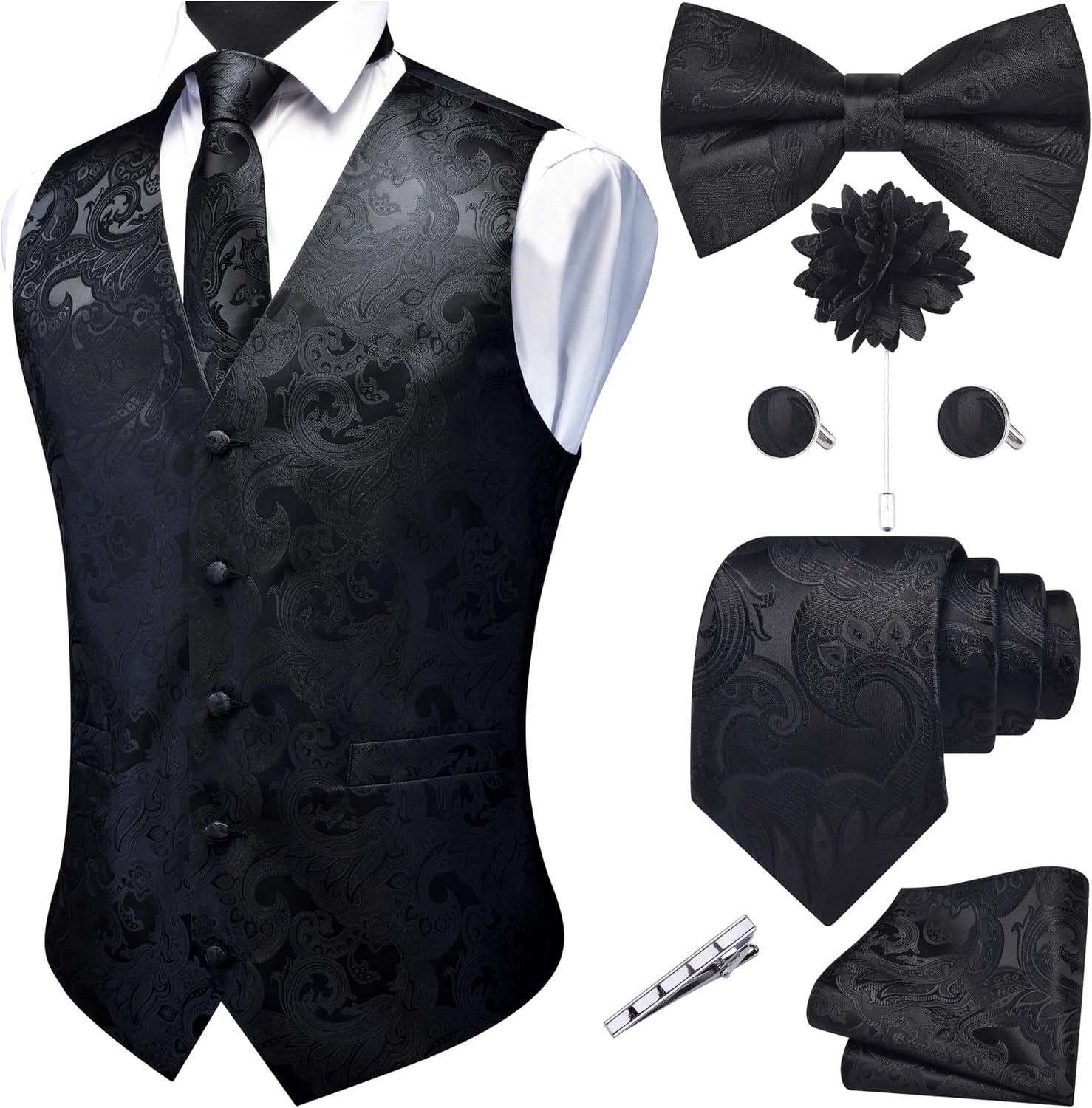 Men's Seven-Piece Suit Vest Set - Paisley Jacquard V-Neck Waistcoat with Tie, Bow Tie and Hanky - Medium