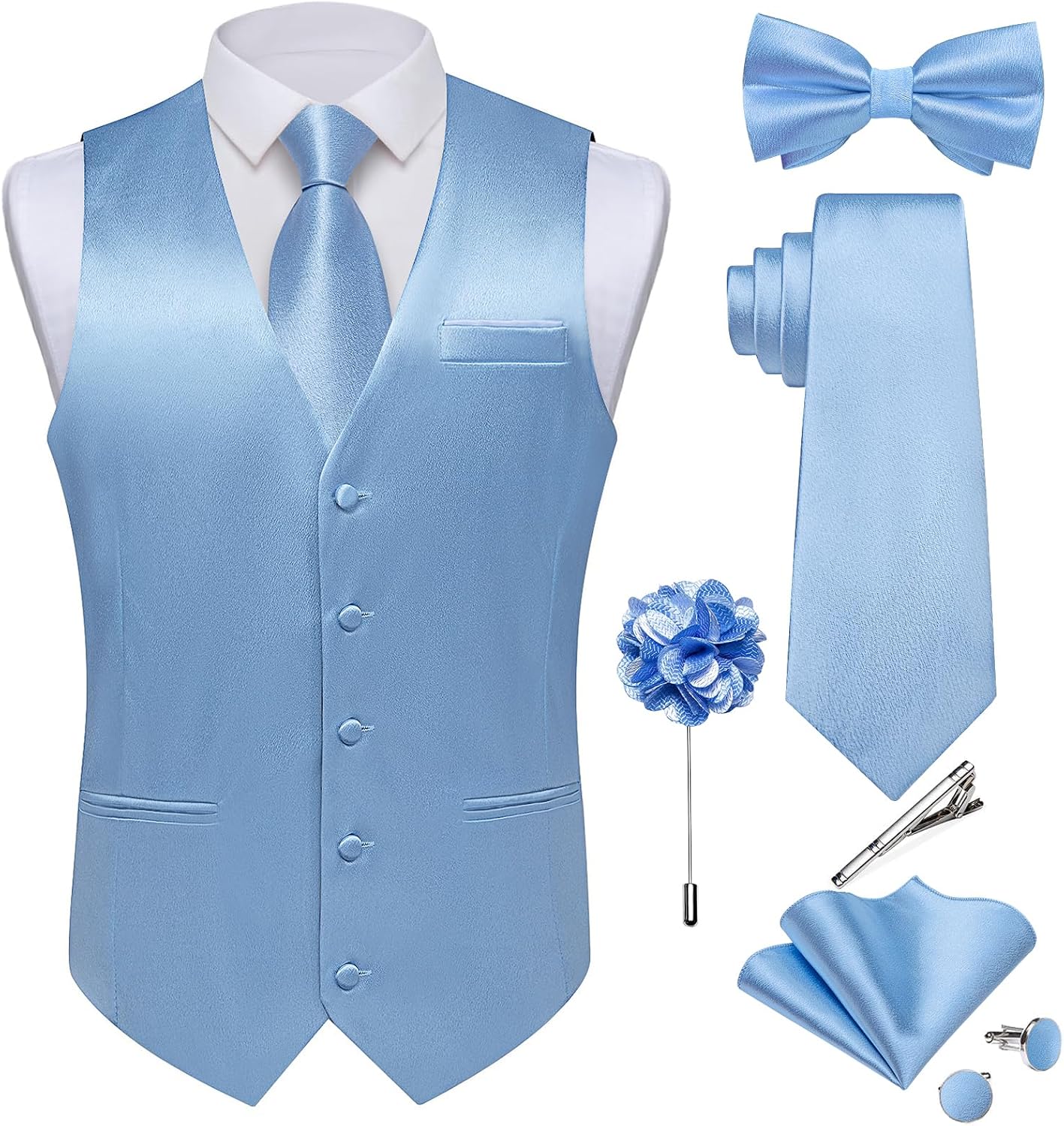Men's Satin Suit Vest and Tie Set - Eight-Piece Solid Waistcoat, Bow Tie and Lapel Pin for Weddings - Small