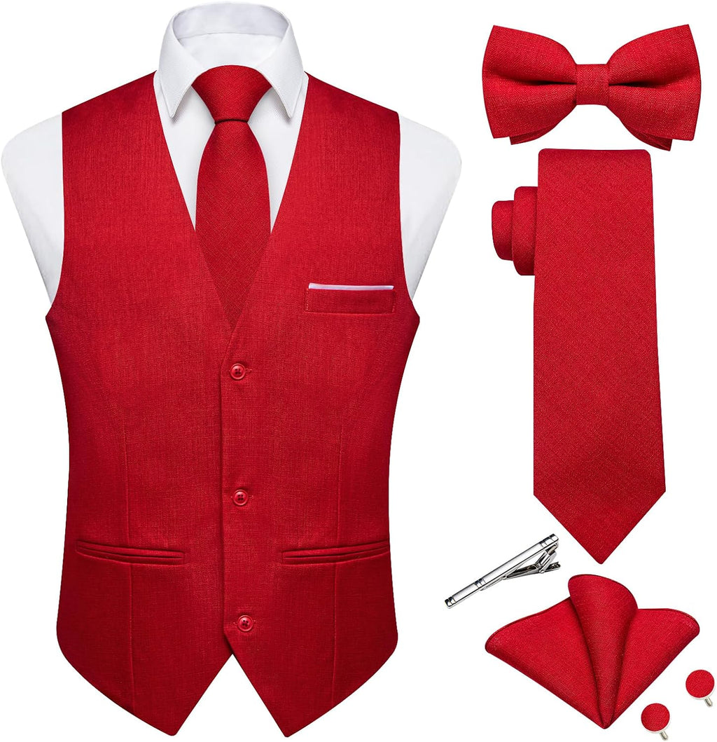 Men's Linen Suit Vest Set - Six-Piece Solid Waistcoat with Tie and Bow Tie for Weddings and Prom - Large