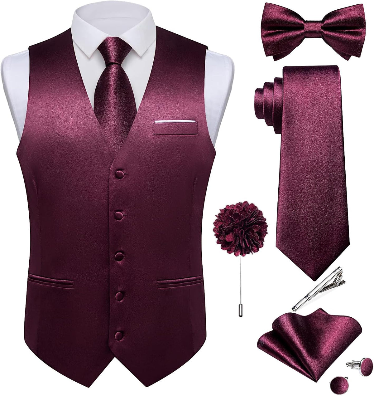 Men's Satin Suit Vest and Tie Set - Eight-Piece Solid Waistcoat, Bow Tie and Lapel Pin for Weddings - Large (25)