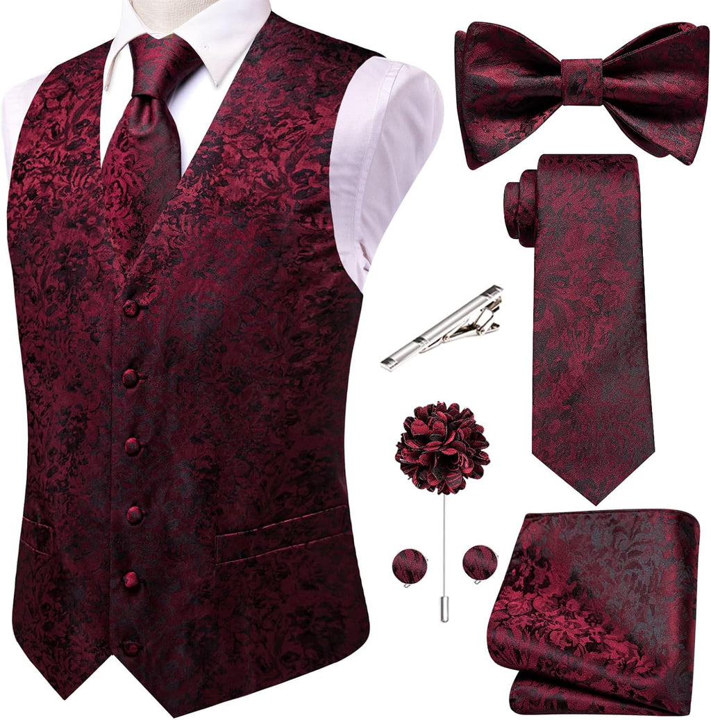 Men's Silk Jacquard Suit Vest Set - Five-Piece Slim Fit Waistcoat, Tie and Bow Tie for Weddings - Large
