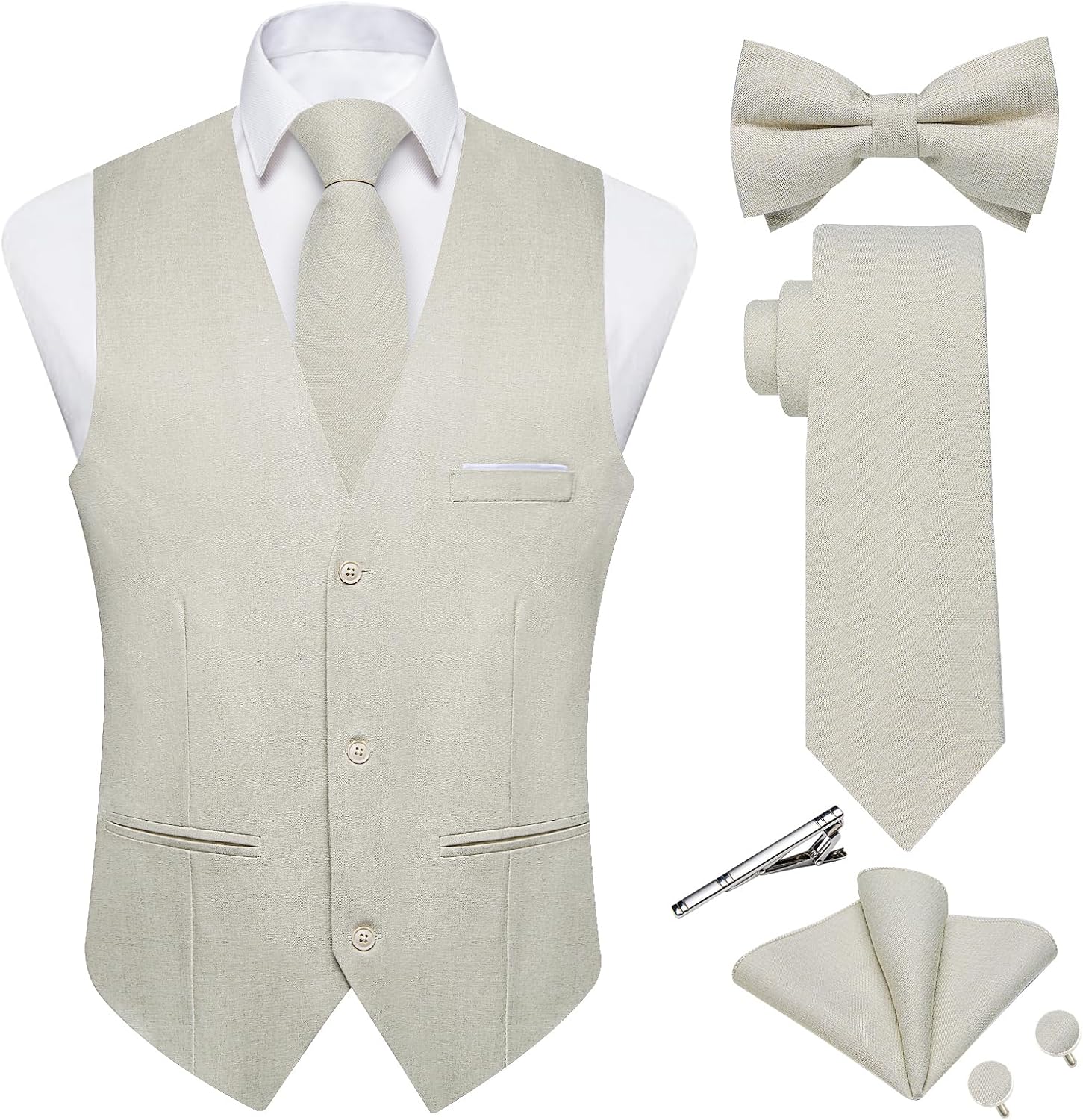 Men's Linen Suit Vest Set - Six-Piece Solid Waistcoat with Tie and Bow Tie for Weddings and Prom - Medium