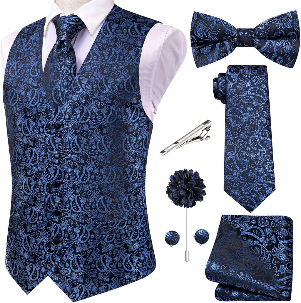 Men's Silk Jacquard Suit Vest Set - Five-Piece Slim Fit Waistcoat, Tie and Bow Tie for Weddings - Large (28)