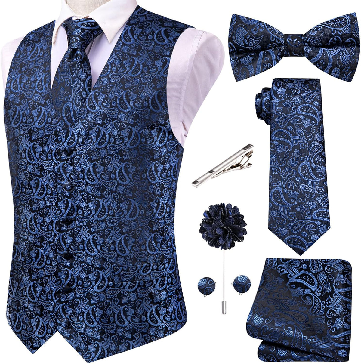 Men's Silk Jacquard Suit Vest Set - Five-Piece Slim Fit Waistcoat, Tie and Bow Tie for Weddings - Large (28)