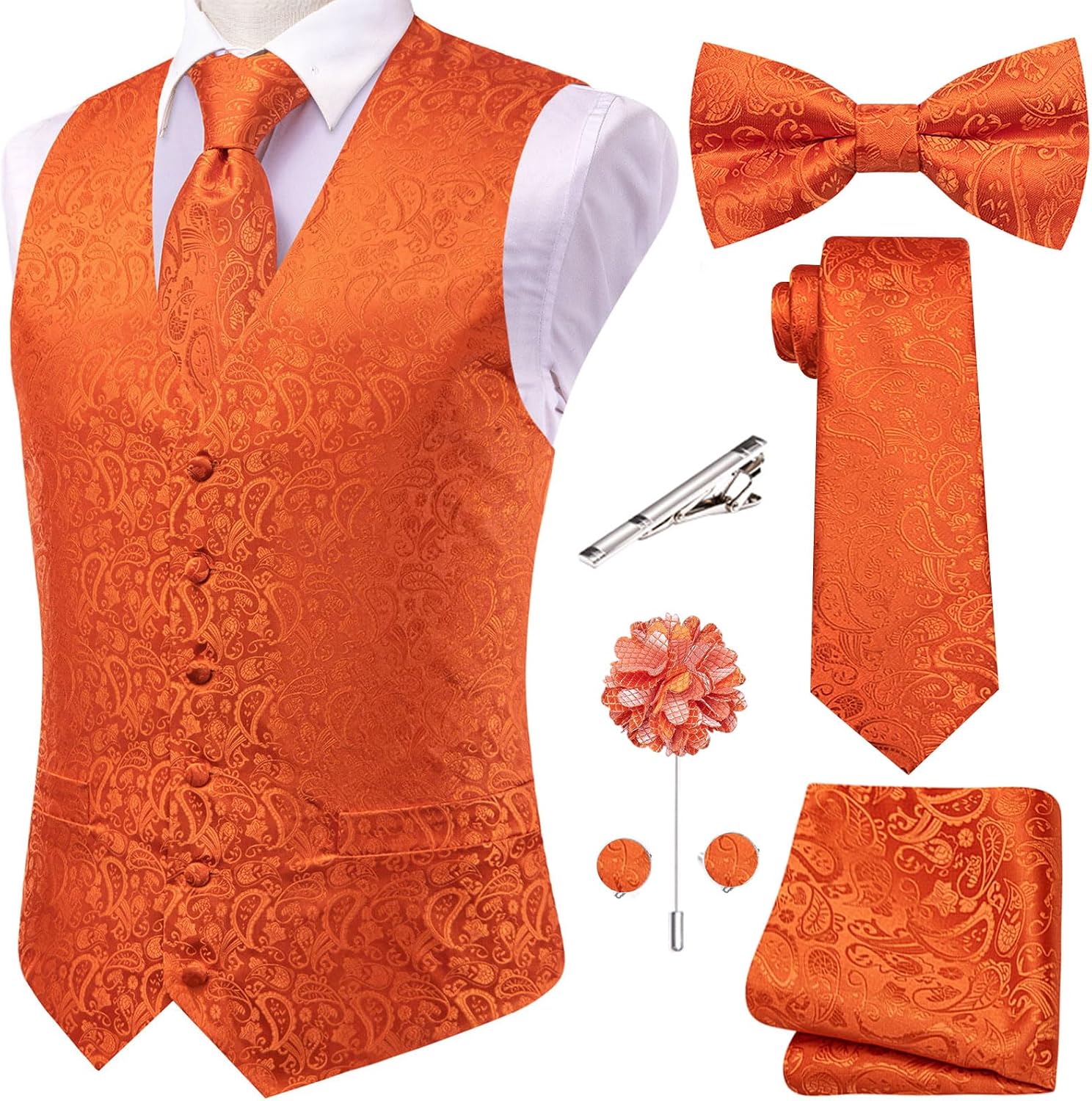 Men's Silk Jacquard Suit Vest Set - Five-Piece Slim Fit Waistcoat, Tie and Bow Tie for Weddings - Medium