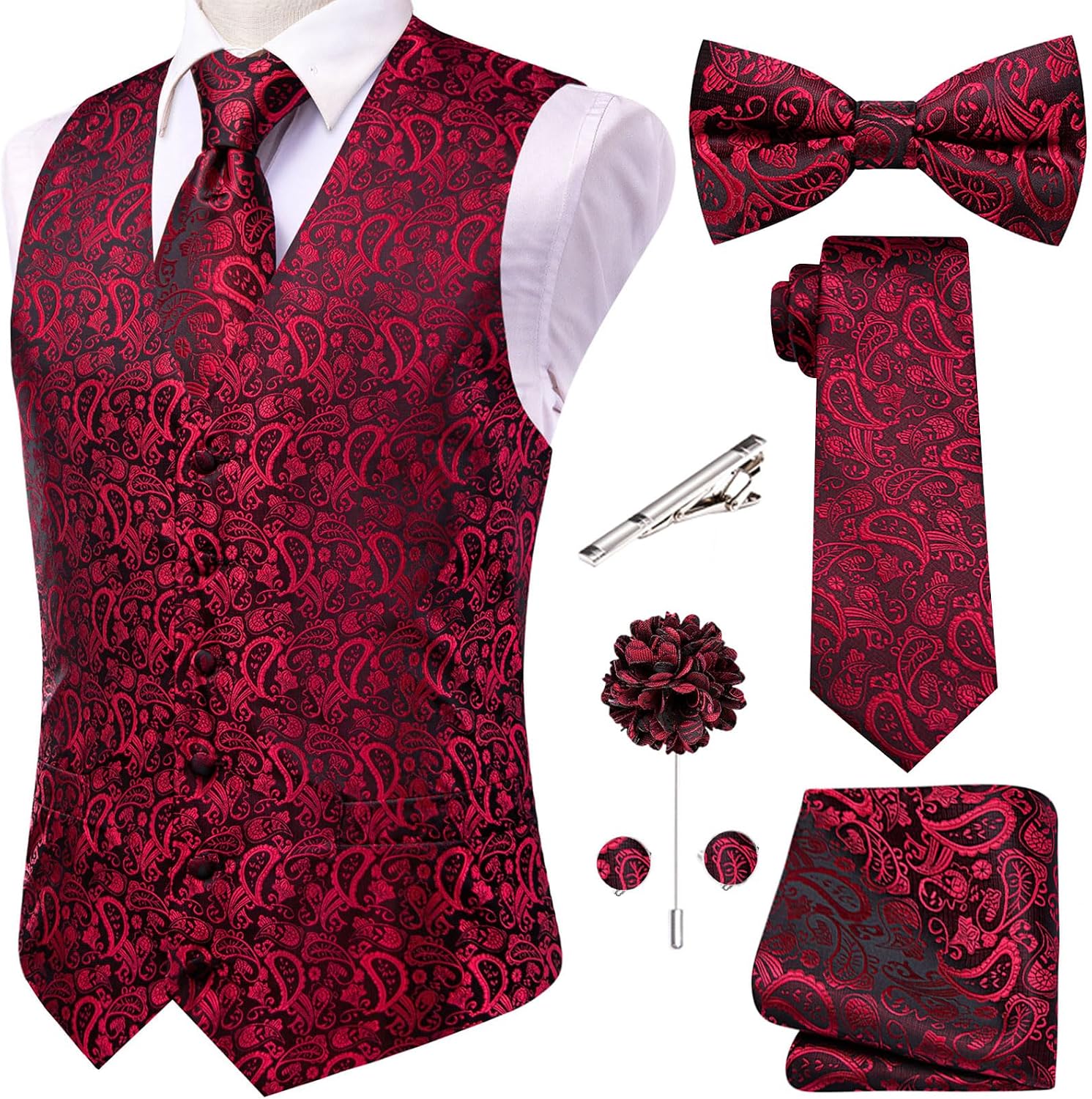 Men's Silk Jacquard Suit Vest Set - Five-Piece Slim Fit Waistcoat, Tie and Bow Tie for Weddings - Medium