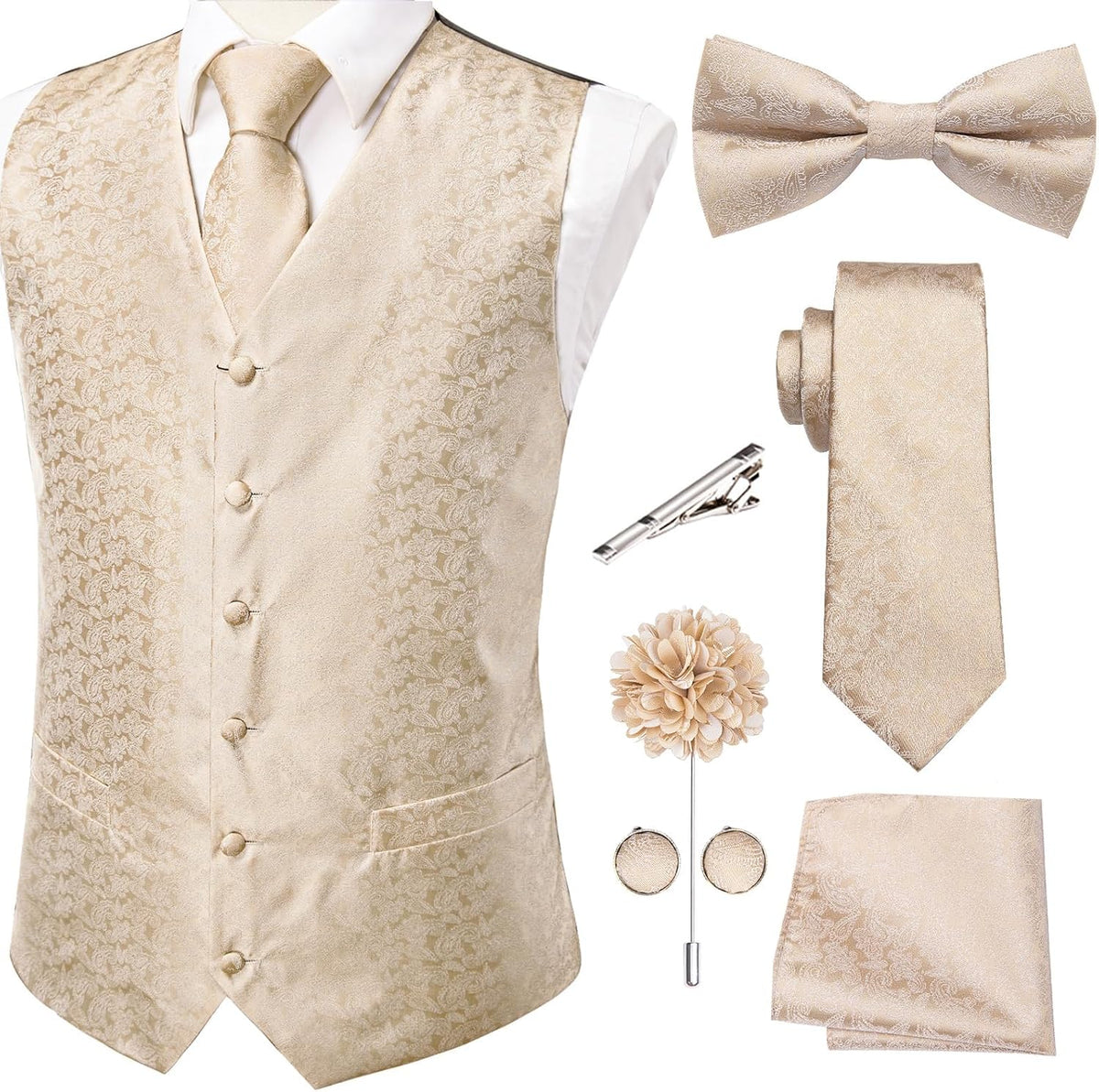 Men's Silk Jacquard Suit Vest Set - Five-Piece Slim Fit Waistcoat, Tie and Bow Tie for Weddings - Medium