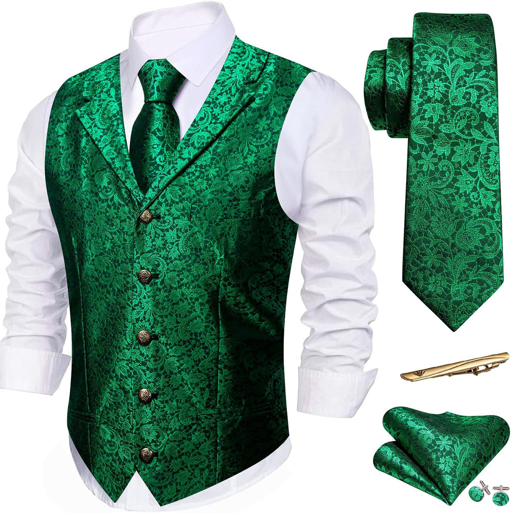 Men's Silk Paisley Suit Vest Set - Five-Piece Shawl Collar Waistcoat with Tie, Handkerchief and Cufflinks - Large (32)