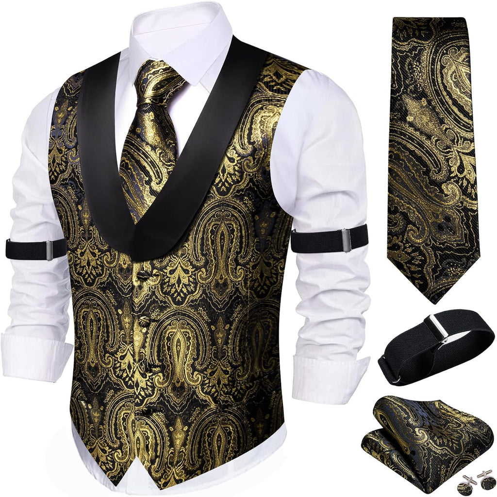 Men's Silk Paisley Suit Vest Set - Five-Piece Shawl Collar Waistcoat with Tie, Handkerchief and Cufflinks - Large