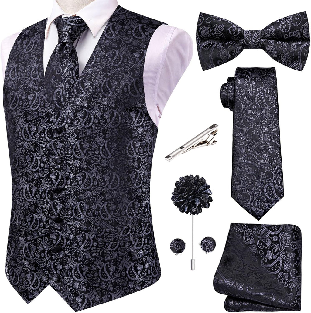 Men's Silk Jacquard Suit Vest Set - Five-Piece Slim Fit Waistcoat, Tie and Bow Tie for Weddings - Large (32)