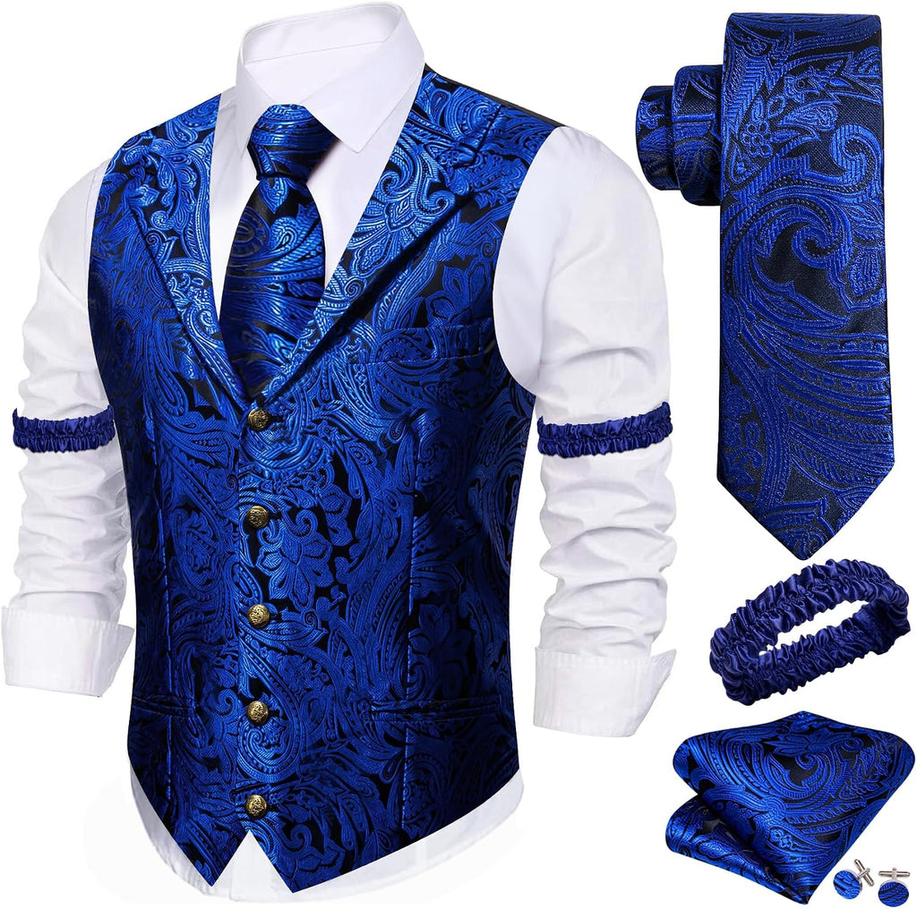 Men's Silk Paisley Suit Vest Set - Five-Piece Shawl Collar Waistcoat with Tie, Handkerchief and Cufflinks - Medium