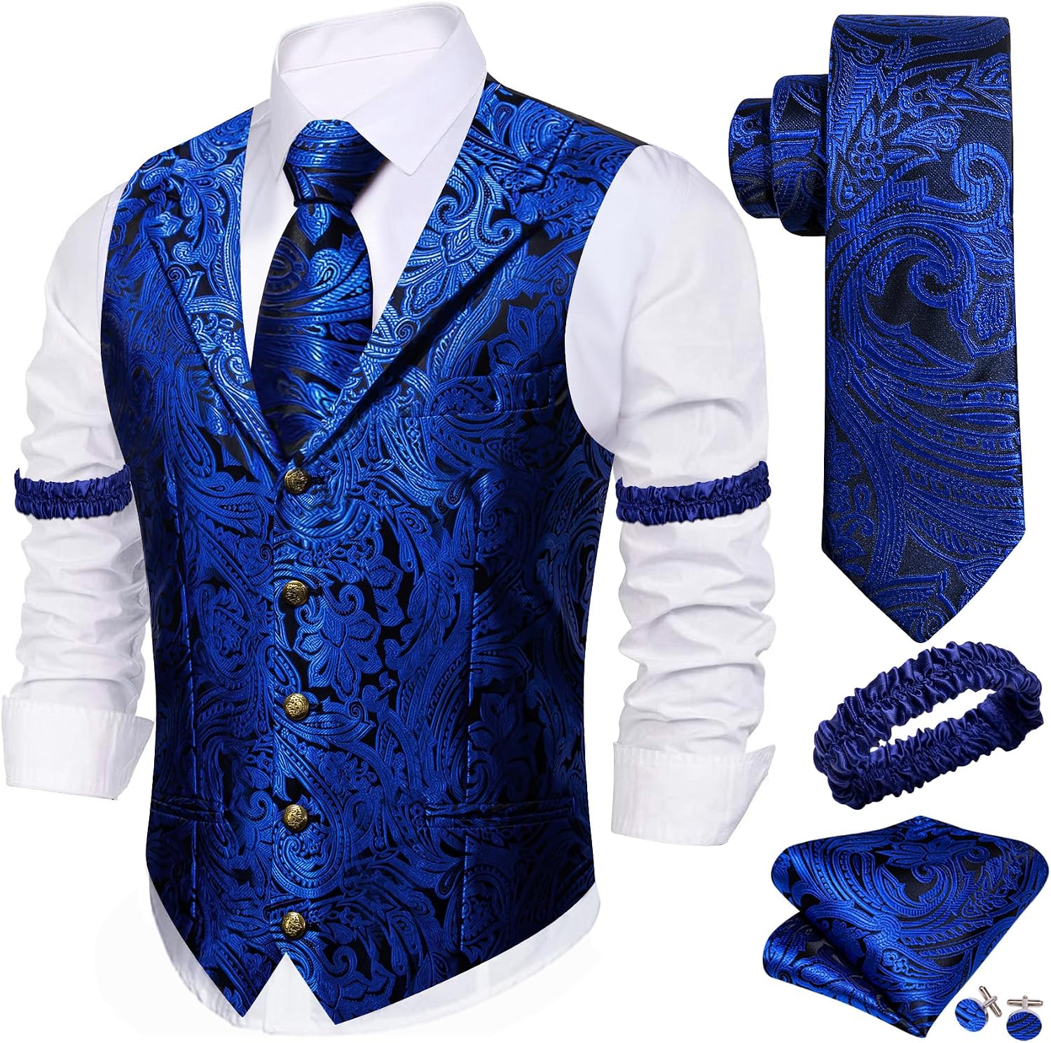 Men's Silk Paisley Suit Vest Set - Five-Piece Shawl Collar Waistcoat with Tie, Handkerchief and Cufflinks - Medium
