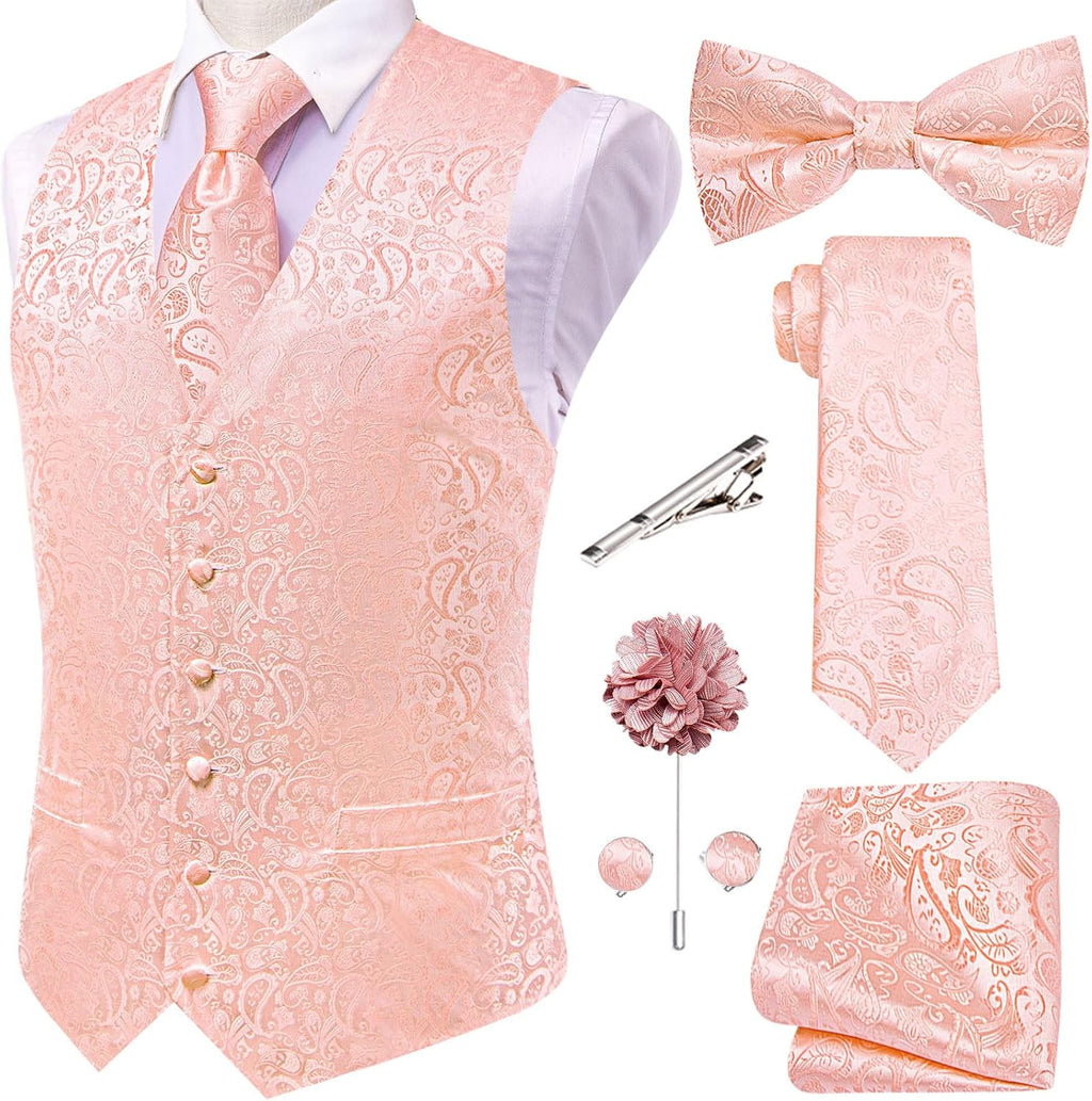 Men's Silk Jacquard Suit Vest Set - Five-Piece Slim Fit Waistcoat, Tie and Bow Tie for Weddings - Medium