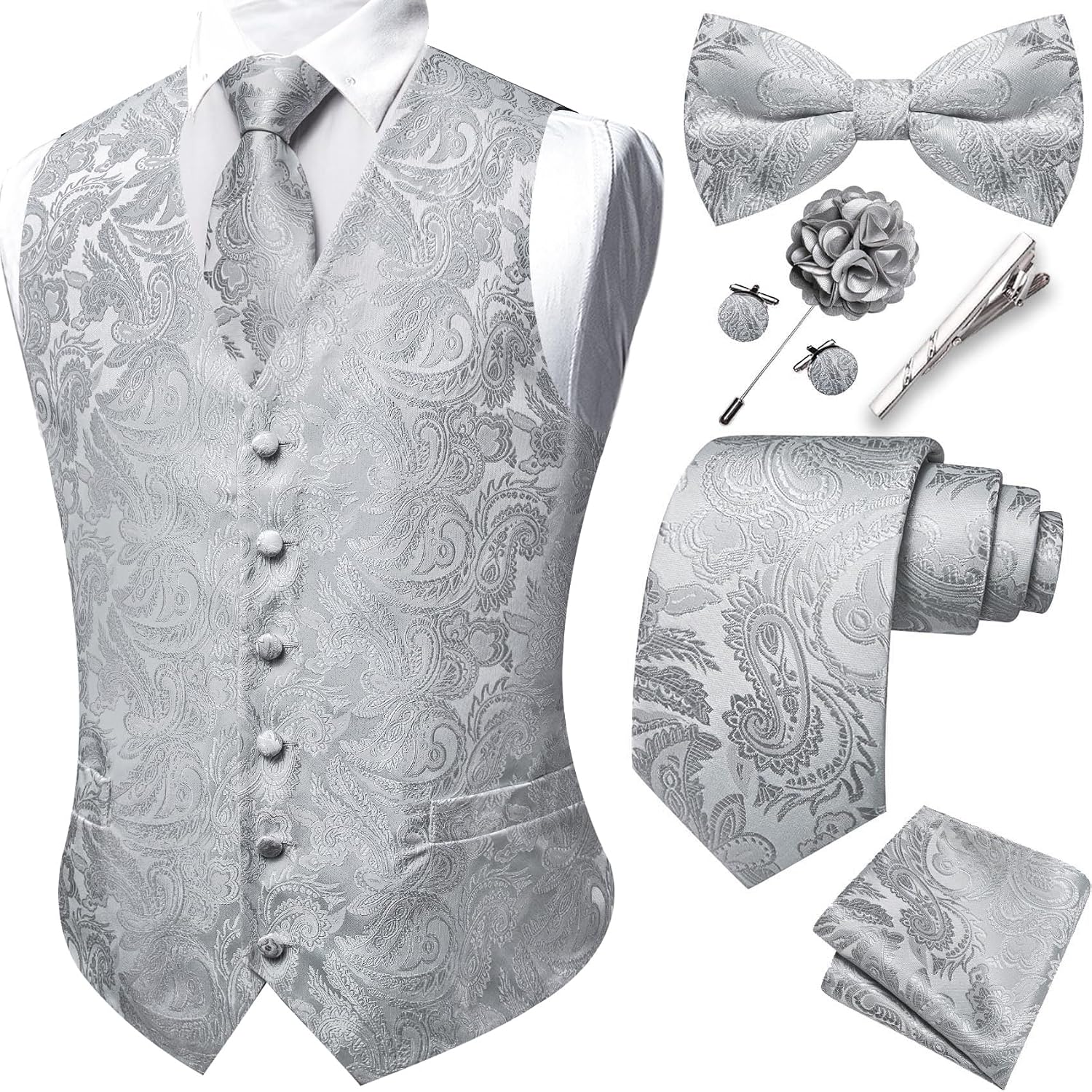 Men's Eight-Piece Suit Vest Set - Jacquard Waistcoat with Tie, Bow Tie, Cufflinks and Lapel Pin - XX-Large