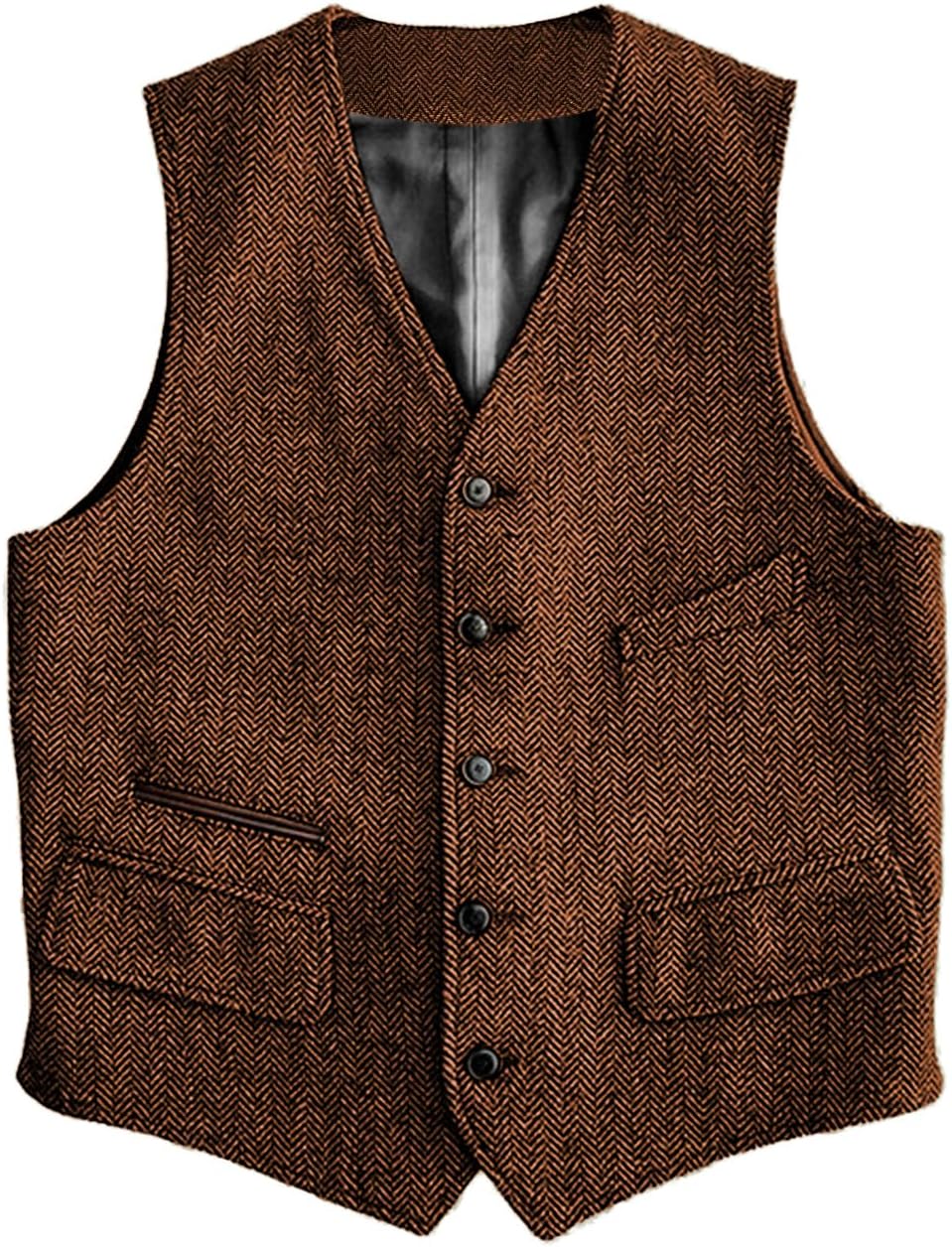 Men's Herringbone Suit Vest - Vintage V-Neck Wool-Blend Waistcoat for Casual and Formal Wear - Small