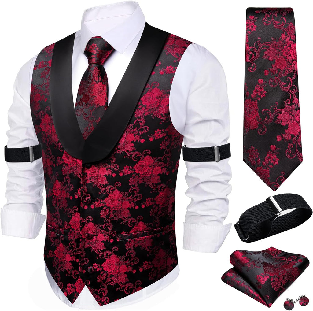 Men's Silk Paisley Suit Vest Set - Five-Piece Shawl Collar Waistcoat with Tie, Handkerchief and Cufflinks - Large