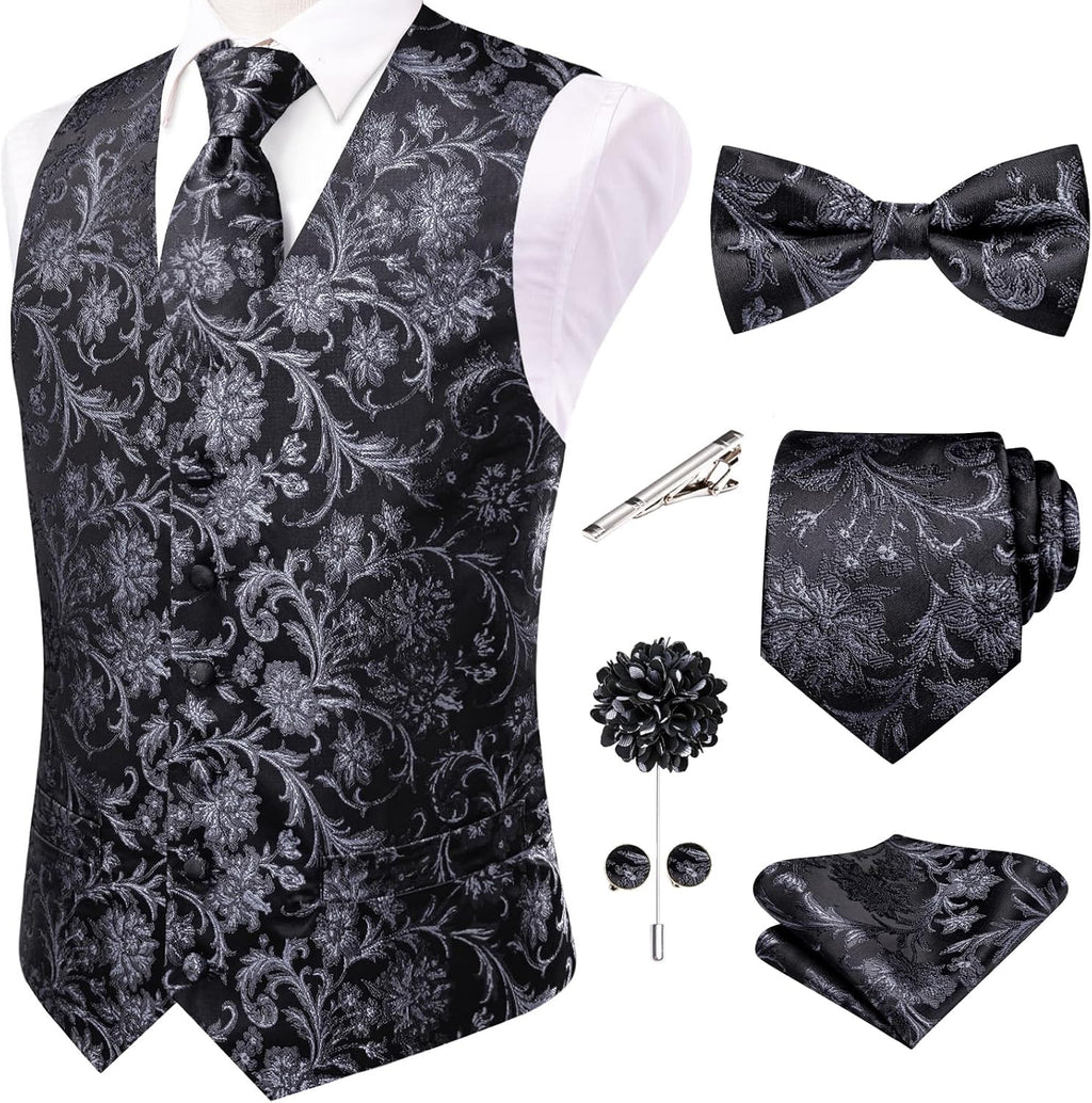 Men's Silk Jacquard Suit Vest Set - Five-Piece Slim Fit Waistcoat, Tie and Bow Tie for Weddings - Small