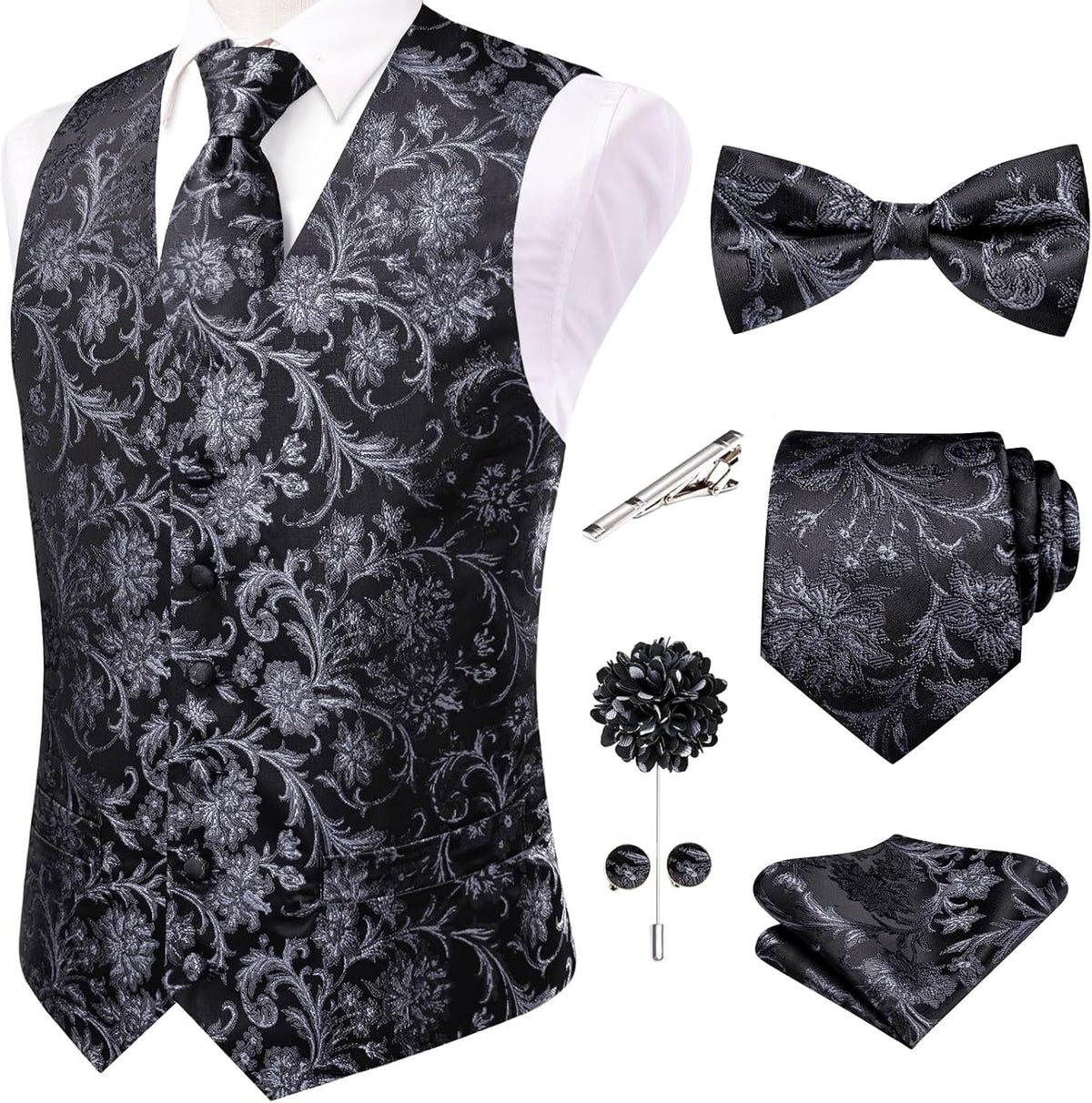 Men's Silk Jacquard Suit Vest Set - Five-Piece Slim Fit Waistcoat, Tie and Bow Tie for Weddings - Small