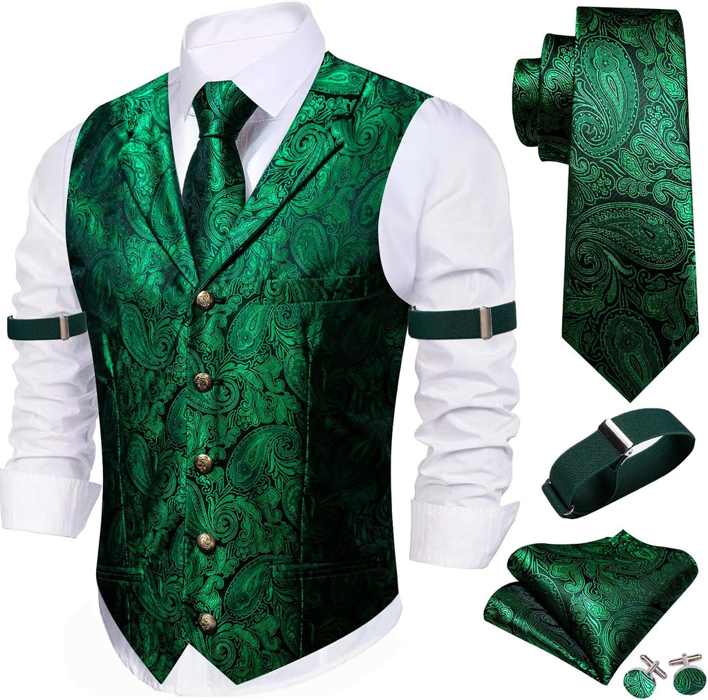 Men's Silk Paisley Suit Vest Set - Five-Piece Shawl Collar Waistcoat with Tie, Handkerchief and Cufflinks - Large (27)