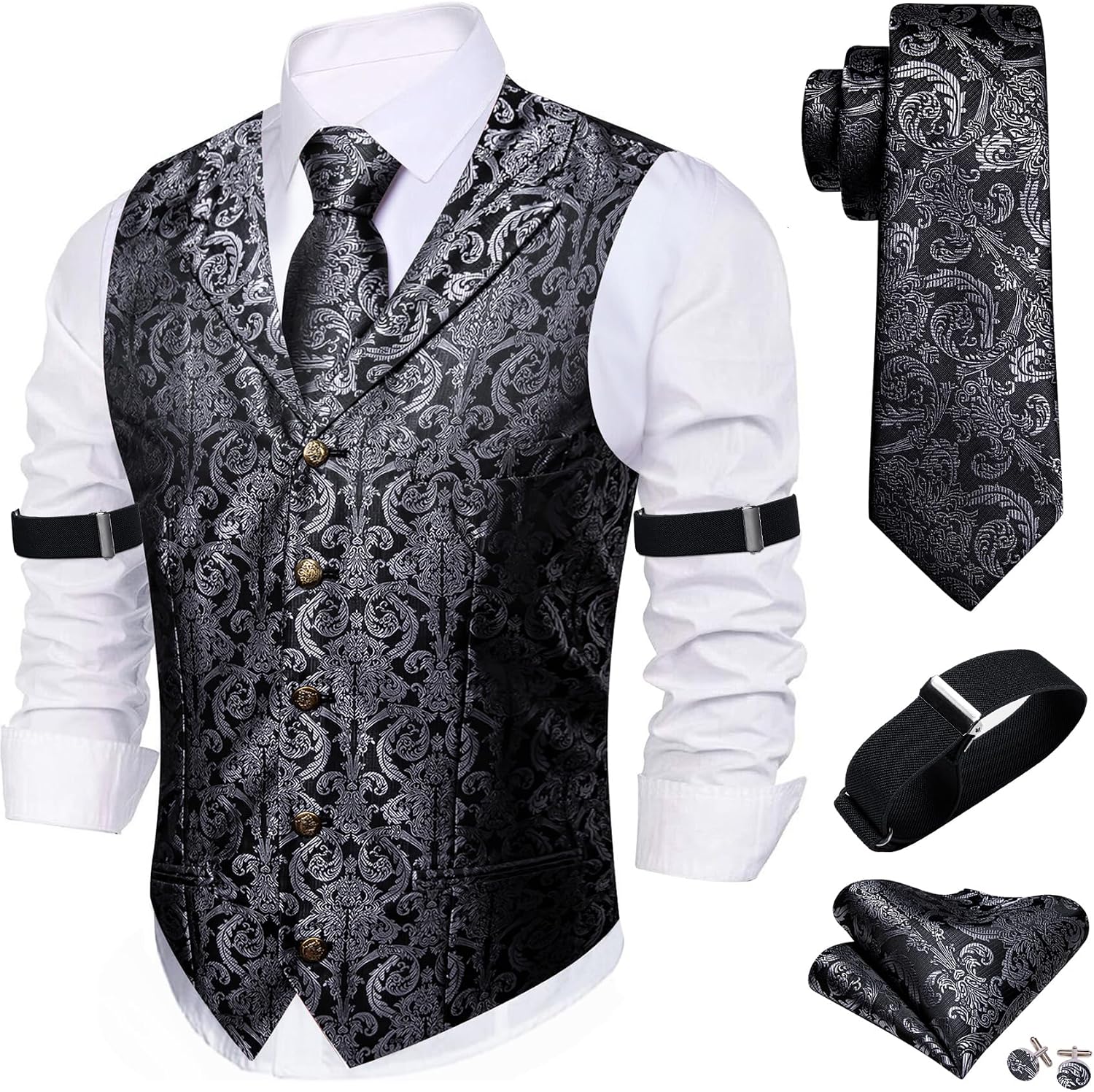 Men's Silk Paisley Suit Vest Set - Five-Piece Shawl Collar Waistcoat with Tie, Handkerchief and Cufflinks - Small