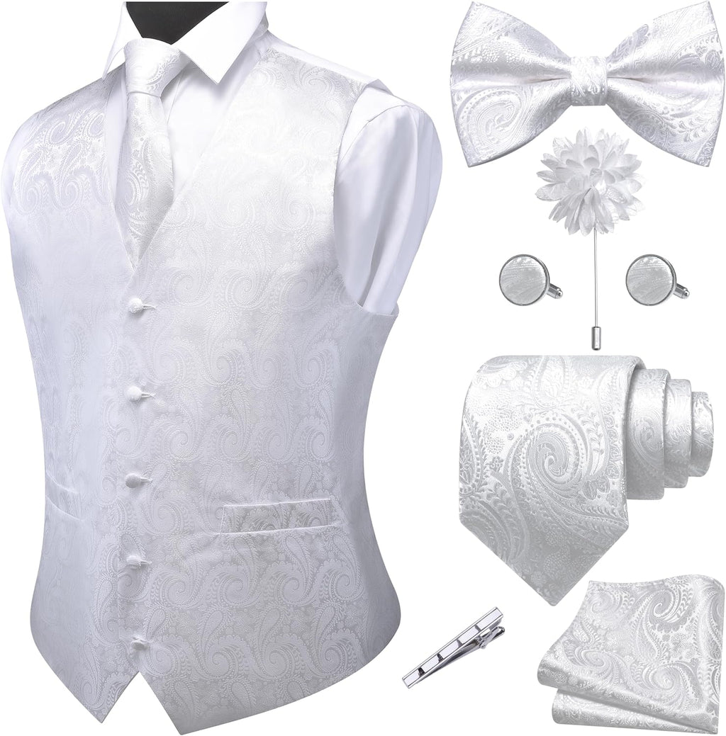 Men's Seven-Piece Suit Vest Set - Paisley Jacquard V-Neck Waistcoat with Tie, Bow Tie and Hanky - Small